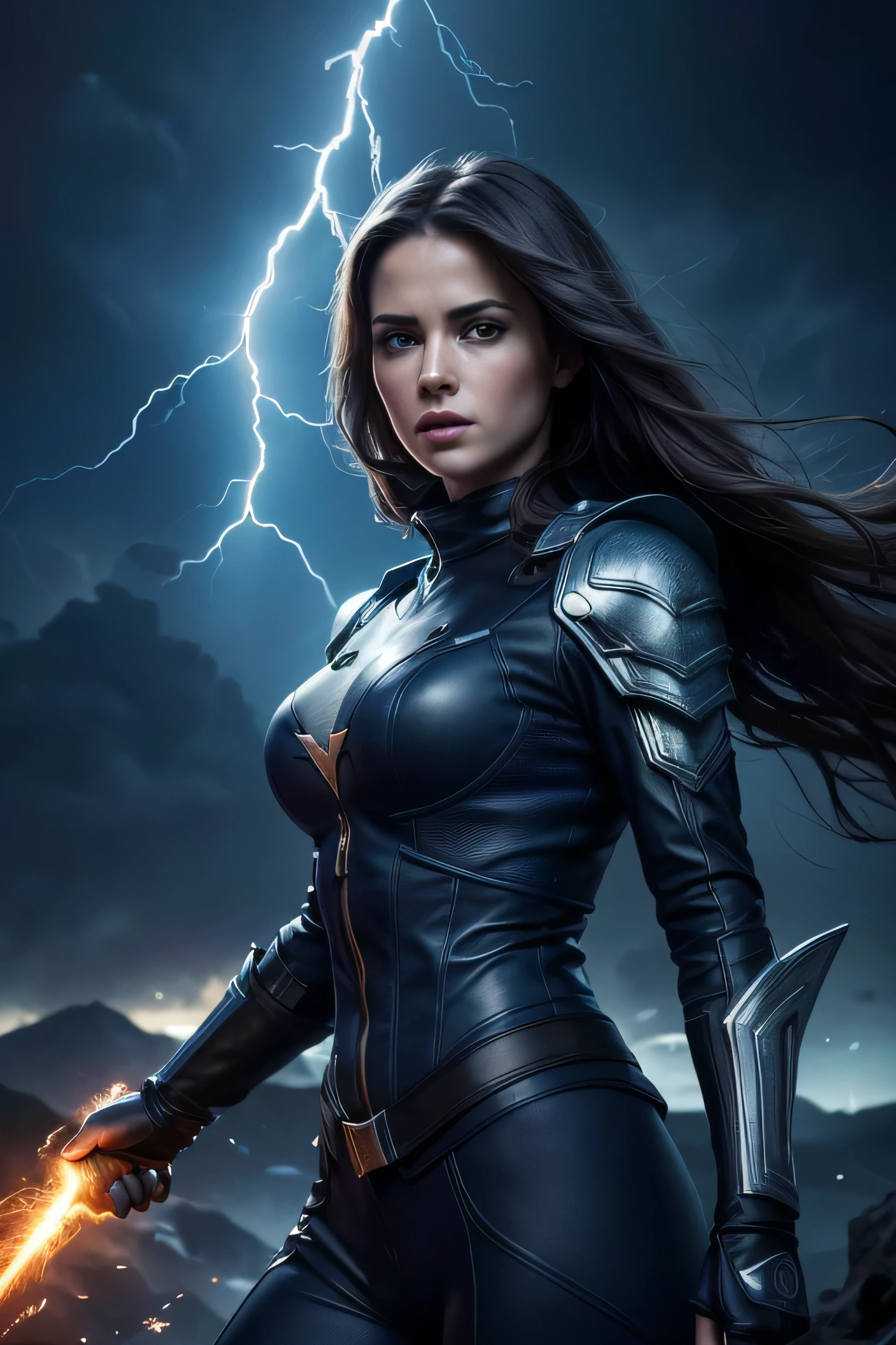 (((Deepika Padukone as Storm from X-Men))), ((wearing sexy Storm costume, halter top, white skirt)), (hyper realistic:1.4), (realistic:1.3), (best quality real texture skin), muscular girl, (wavy long white hair), (Use flashy lightning magic:1.4), (Dramatic Light),1Beautiful woman, ((sexy)), ((cleavage)), ((nippin)), ((camel toe)), ((dark skin)), Lightning is in your hands, thunder in the background, lightning armor, detailed face, ((white hair, white eyes, glowing eyes with lightning)), superhero pose, Fujifilm X-T3, 1/1250sec at f/2.8, ISO 160, 84mm, cinematic lighting