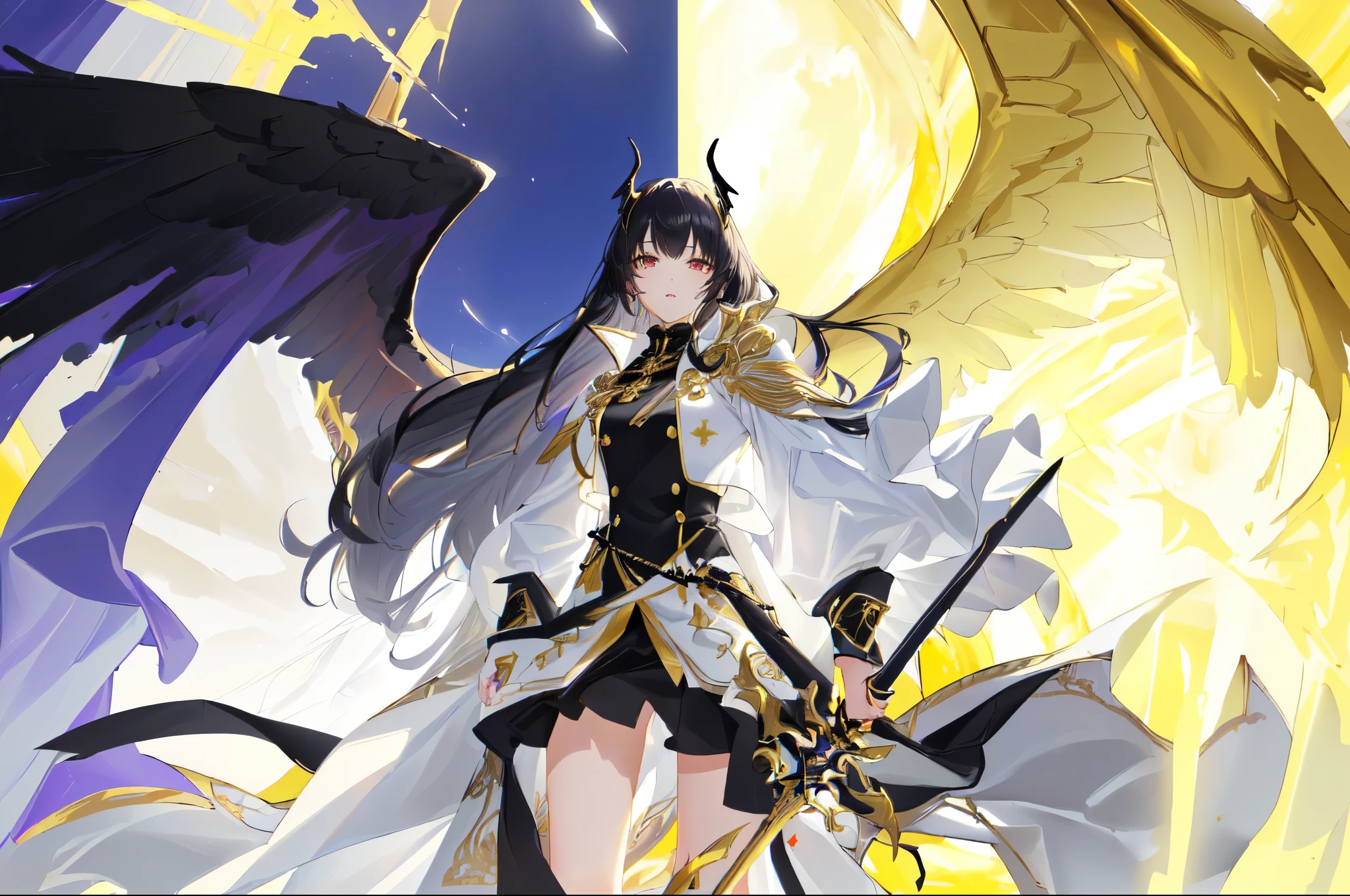 (best quality,4k,8k,highres,masterpiece:1.2),ultra-detailed,realistic,anime,girl, yellow and black outfit, sword, white blazer, black stockings, red eyes, black and gold wings, goddess, purple long hair, white cloak, black jumpsuit, hell, heaven