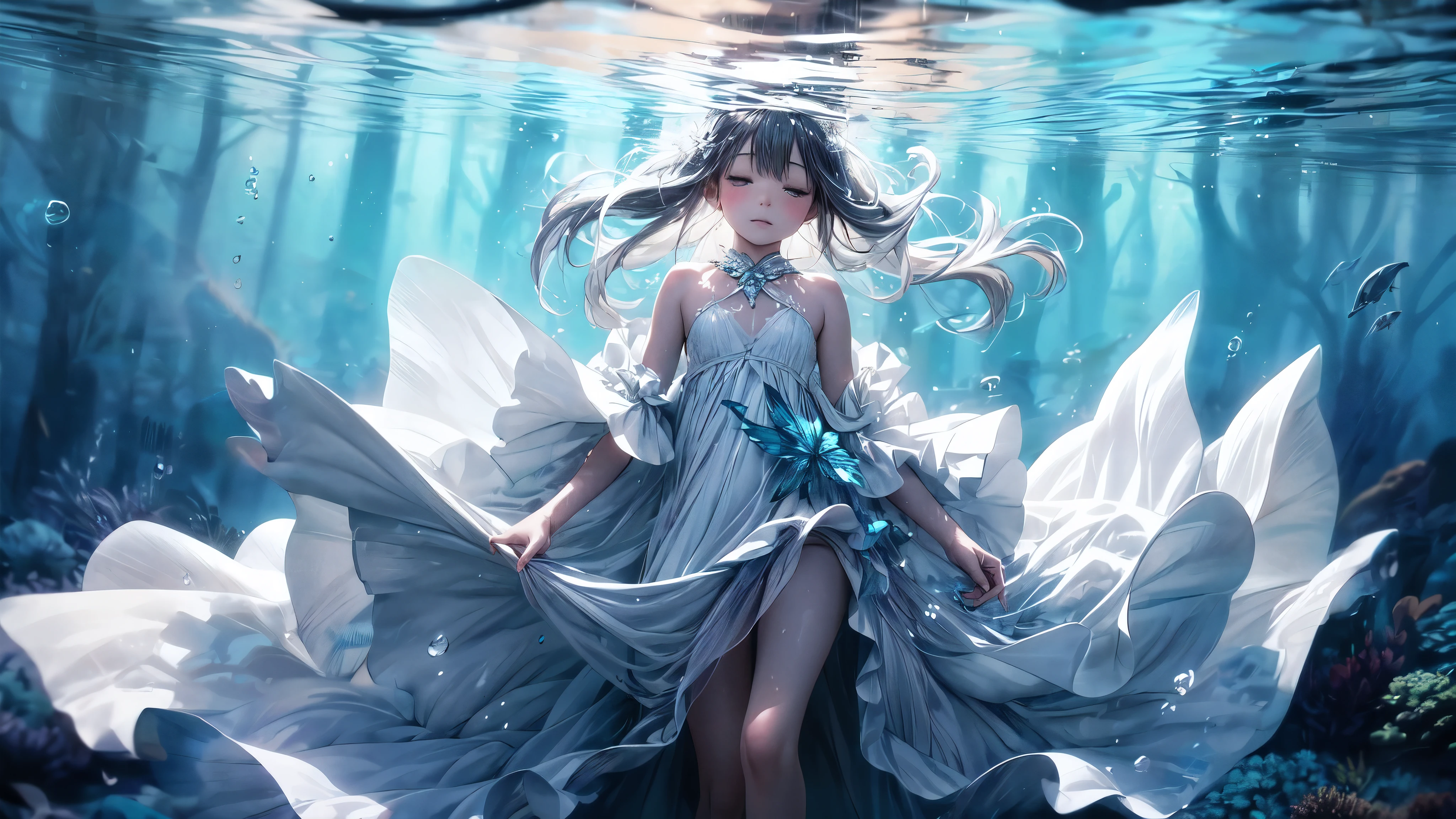 (Dramatic angle,Dynamic angle), (best quality,4k,8k,highres,masterpiece:1.2), (A 7 year old girl:1.2), (Very young little girl), (alone), (small breasts), eyes closed, original photo, Atmospheric distance perception, Aesthetic, complex, won, cybernetic enhancement, chiaroscuro, best quality, Detailed background, (underwater atmosphere:1.2), (girl wearing white very long silk dress:1.2),Beneath the surface, the little girl's world turns serene, her bare feet no longer touching the sandy floor. Her gown, a canvas of white, billows around her like a cloud, the skirt expanding in an underwater ballet. Each layer of the dress' skirt, light as gossamer, flutters with the subtle currents, creating a silent, slow-motion spectacle,The fabric, once structured by the air, now undulates with the water's caress, its folds and flounces taking on a life of their own. The skirt's hem, once brushing against the beach, now sways with the rhythm of the aquatic realm, its edges rippling like the softest of waves. The dress, once a terrestrial adornment, has transformed into an aquatic masterpiece, its white a stark contrast to the deep blues and greens that surround it,As she sinks deeper, the dress' skirt envelops her in a cocoon of elegance, the delicate fabric floating around her like a halo of lace and tulle. Tiny bubbles escape from the dress's folds, adding a sparkling (embellishment) to the underwater scene. The light filtering through the water above casts a soft, ethereal glow through the translucent skirt, highlighting the intricate patterns of the fabric as it moves with the flow of the water. Her hair, like a dark halo, fans out around her head, mingling with the floating strands of her dress, creating a vision of harmony between the girl and the aquatic environment. The little girl, a vision of innocence and grace, becomes one with the water, her white dress a symbol of purity amidst the depths.