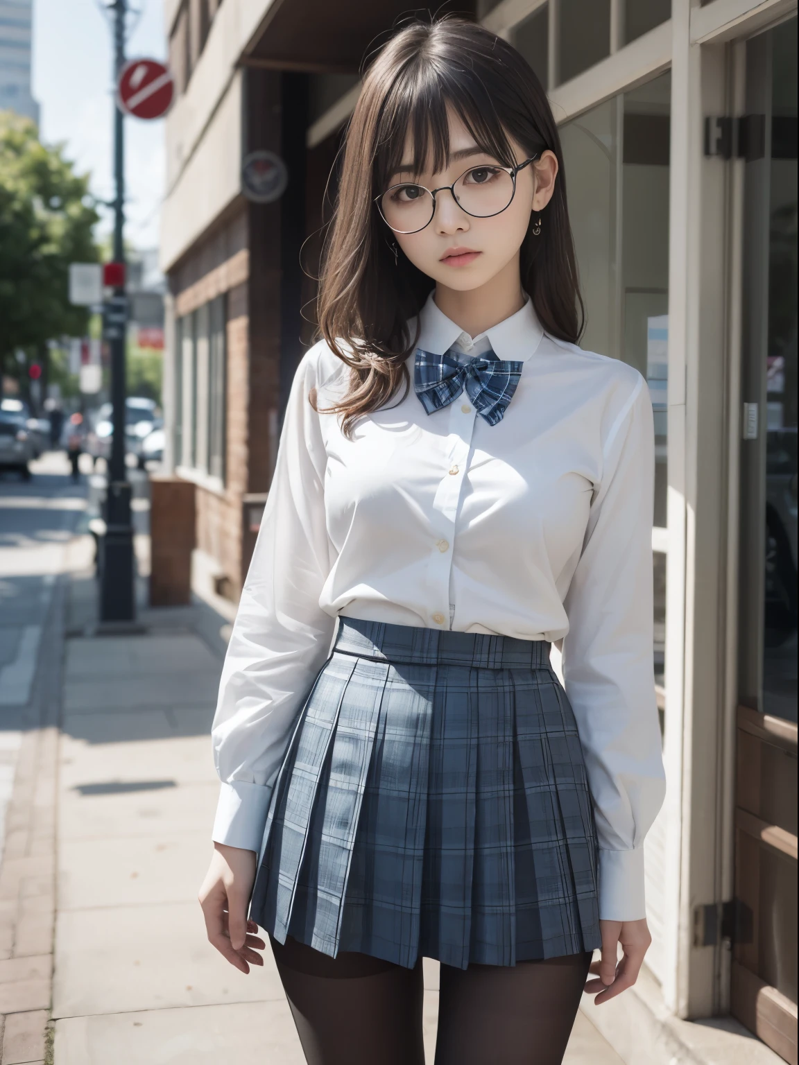 (8K、Raw photography、top-quality、masterpiece:1.2),Bullish,Muchimuchi,Erotic,Pupils,Light Blue Bra,de pele branca,kne,(Black pantyhose),absurderes,a small face,,flat breast,Parting the bangs from the middle、Forehead visible,(a cold expression,Tight eyes,glares,Bullish,skinny,Rasping,irate)、masterpiece,top-quality、超A high resolution,Raw photo,ren,Beautiful fece,One Person, solo,eye glass,,Dark look,Small breasts,fullllbody,Round glasses、cute little、JK ,hi-school girl,A Japanese Lady,is standing,(Photorealsitic:1.37)、Photon mapping,Realistic、Cute little face,Brown-eyed、Black socks、(Red bow tie)、Radio City、Physically Based Rendering、Foreground、depth of fields、Blurry background、a picture,The girls、Body,beauty legs, Long legs, Thin leg,(shorttwintail),(Bangs are visible), hair, s lips, Blue_The eye, nosesoft,(Light blue shirt), (Navy and blue and white plaid pleated skirt), Knees are visible,Sheer clothing,, Thigh, Black cotton socks,Nogizaka Idol, , Japanese ido