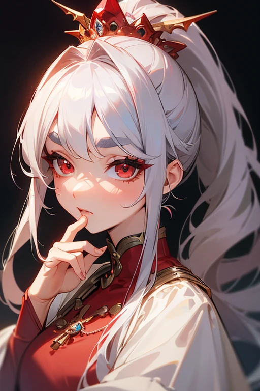 (highest quality, masterpiece:1.2), High resolution, Very detailed, Realistic:1.37, Fantasy, An illustration, Hair is whiteいです、Red eyes、Queen, Red dress.Platinum decoration、beautifully、Eyeshadow Red、Thick eyebrows、Long eyelashes、pupils are black、Hair is whiteい、Kissing Face、Embarrassing、Loved、ponytail、Hair is white、very cute、Shoulder Bare、platinum tiara、Beautiful hair ornaments、