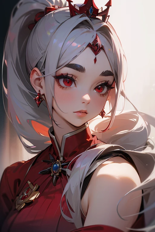 (highest quality, masterpiece:1.2), High resolution, Very detailed, Realistic:1.37, Fantasy, An illustration, Hair is whiteいです、Red eyes、Queen, Red dress.Platinum decoration、beautifully、Eyeshadow Red、Thick eyebrows、Long eyelashes、pupils are black、Hair is whiteい、Kissing Face、Embarrassing、Loved、ponytail、Hair is white、very cute、Shoulder Bare、platinum tiara、Beautiful hair ornaments、