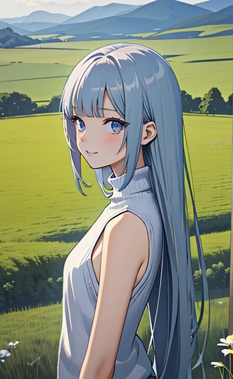 (masterpiece:1.4、top-quality、illustration)、(character focus、,upper body:1.3)、(1girl),(happy:1.3),(exact limbs:1.4),cute face,blue eyes、(tareme:1.3)、(from above:1.4),
(from side,looking afar:1.5),(stand:1.4),、
(blue grey hair),(long hair:1.5)、
,(meadow:1.3),(sleeveless turtleneck sweater:1.5),
(blunt bangs),(sidelocks:1.3), (small breasts)、
、slender、