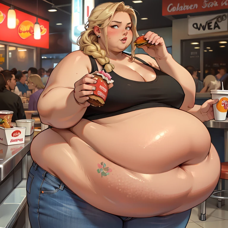 masterpiece, best quality, absurdres, detailed, realistic, beautiful young woman, USSBBW, morbidly obese, fatblob, realistic detailed face gigantic belly, highly detailed, extreme detail, high aesthetic, hot pants, tanktop, blonde braided hair, holding a huge burger, burger joint