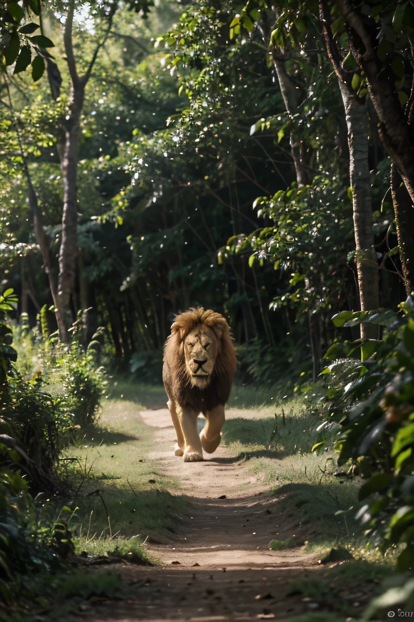 a lion walk in jungle in egression realistic image