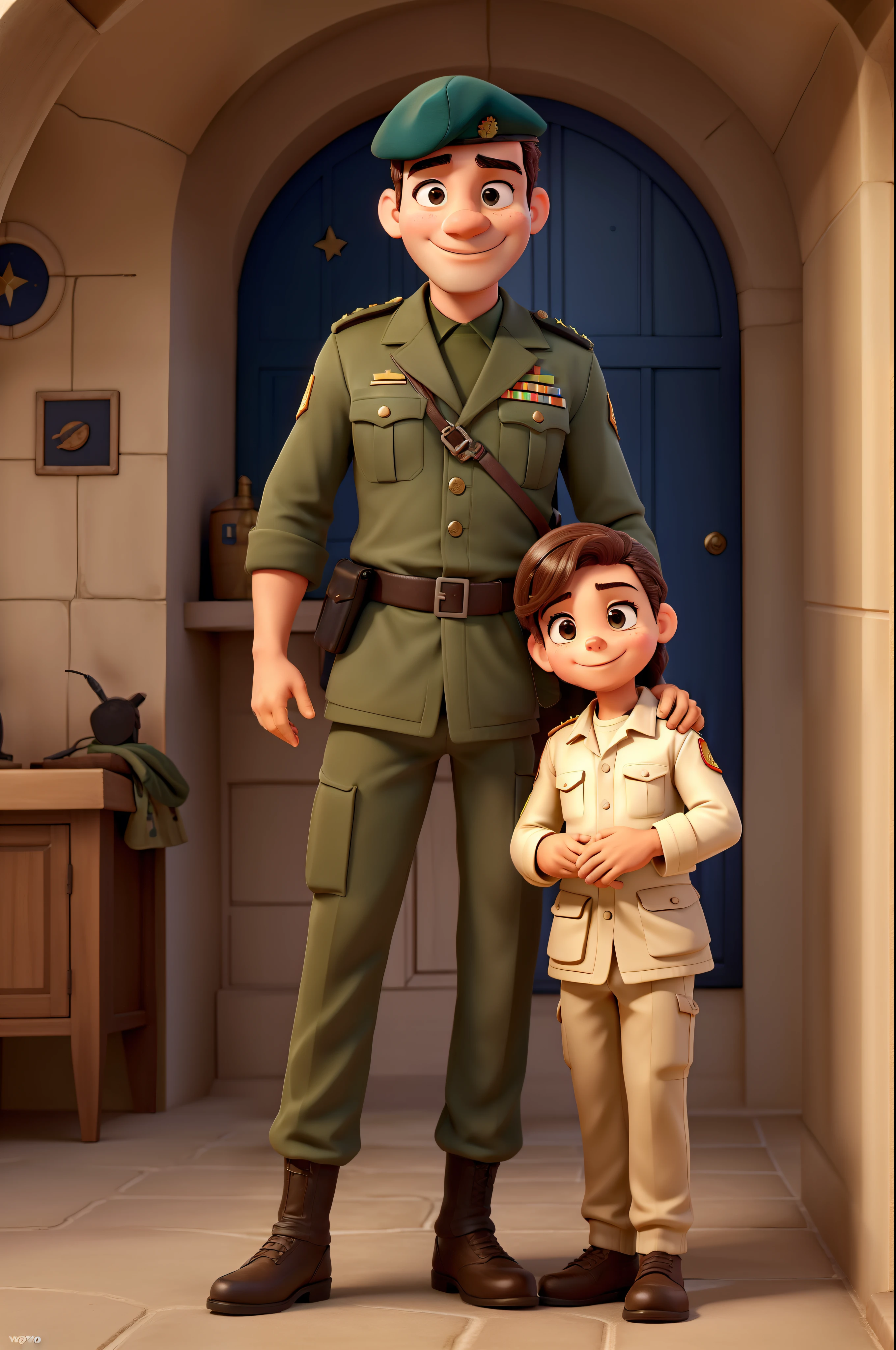Um homem maduro, with a bright happy expression in her eyes, se encontra em frente a sua filha, que volta depois de um longo tempo. He is a military officer and his lack of time for her is constant. Behind it, uma luz de estrela brilha suavemente, contra o fundo de uma casa militar severa e distinta. A filha, cheia de entusiasmo, hugs his father imperiously, as he exudes a wave of affection and pride. The environment is dim and peaceful, mas a aleg