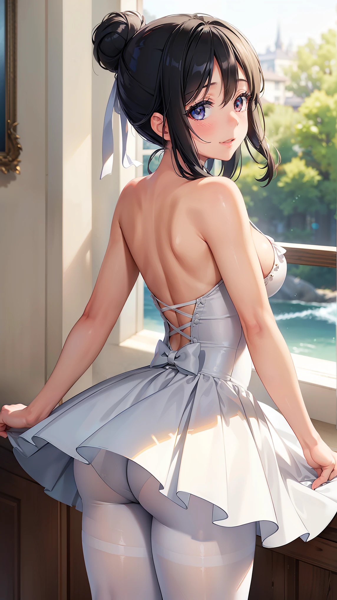 1girl, natural lighting, masterpiece, highly detailed, illustration, game CG, absurdres, high quality, beautiful detailed eyes, glossy lips, natural lighting, medium breasts, black hair, hair bun, long bangs, hair between eyes, arisa ayase, aahiyori, ballerina, white pantyhose, from behind, looking back at viewer, light smile