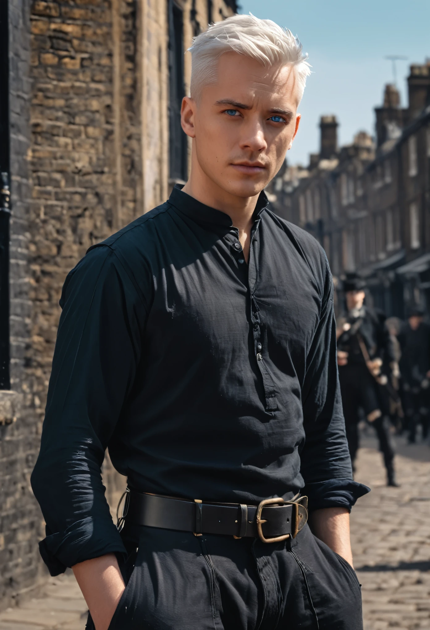 Cinematic shots of historical films, a man, black shirt, black cargo pants, white hair, short hair, blue eyes, handsome, Executor the Ex Foedere , arknights, Victorian London era, Medieval cityscape photography, daytime, close-up