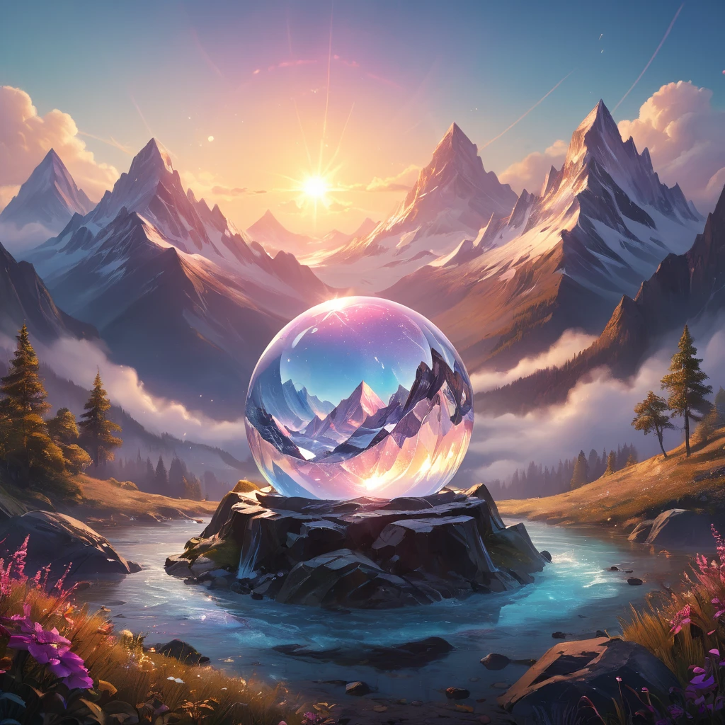 In a magical fantasy world, a scene unfolds with a majestic mountain made of crystal. The mountain sparkles and glistens in the sunlight, emitting a mesmerizing glow. A mystical crystal ball is placed atop the mountain, radiating an ethereal energy that creates a sense of enchantment. The crystal ball reveals vivid and intricate visions of mythical creatures and faraway lands. The entire scene is of the highest quality, with ultra-detailed and realistic visuals. The artwork is created using a combination of illustration and 3D rendering techniques, lending it a unique and captivating style. The color palette is vibrant and rich, with a mix of warm and cool tones that enhance the magical atmosphere. The lighting is carefully crafted, casting a soft and diffused glow over the scene, accentuating the brilliance of the crystal elements.