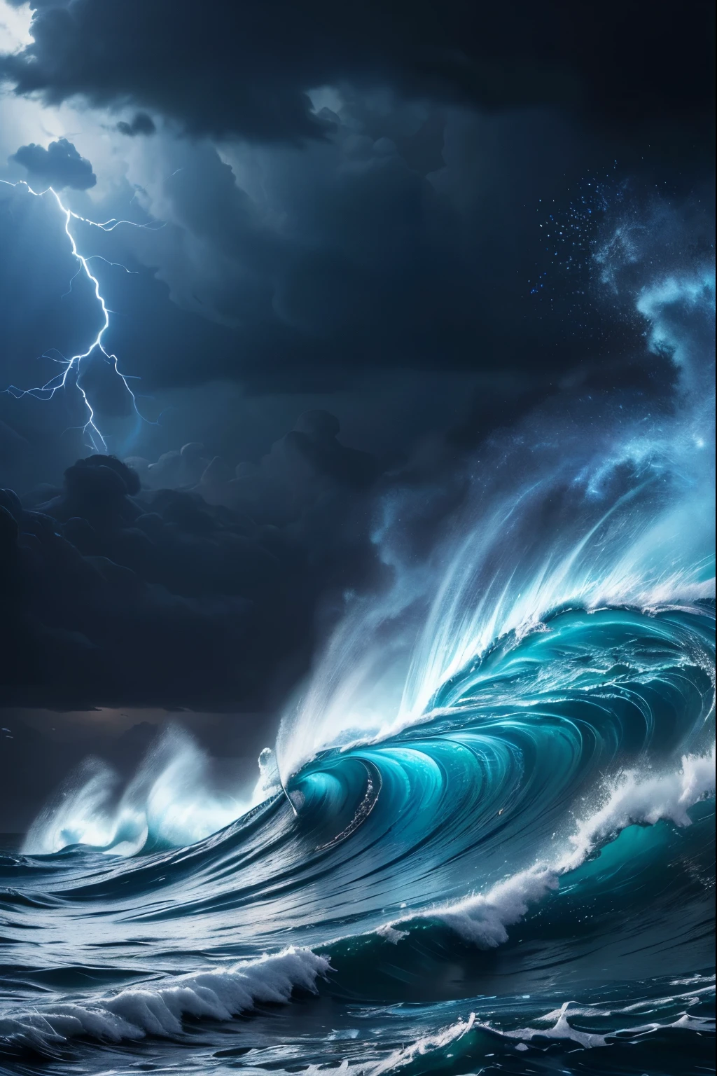(highest quality,4K,8k,High resolution,masterpiece:1.2),Super detailed,(Realistic,photoRealistic,photo-Realistic:1.37),Dark blue background, Raging Sea, Lightning scene, Product Showcase, Vibrant colors, Dramatic lighting