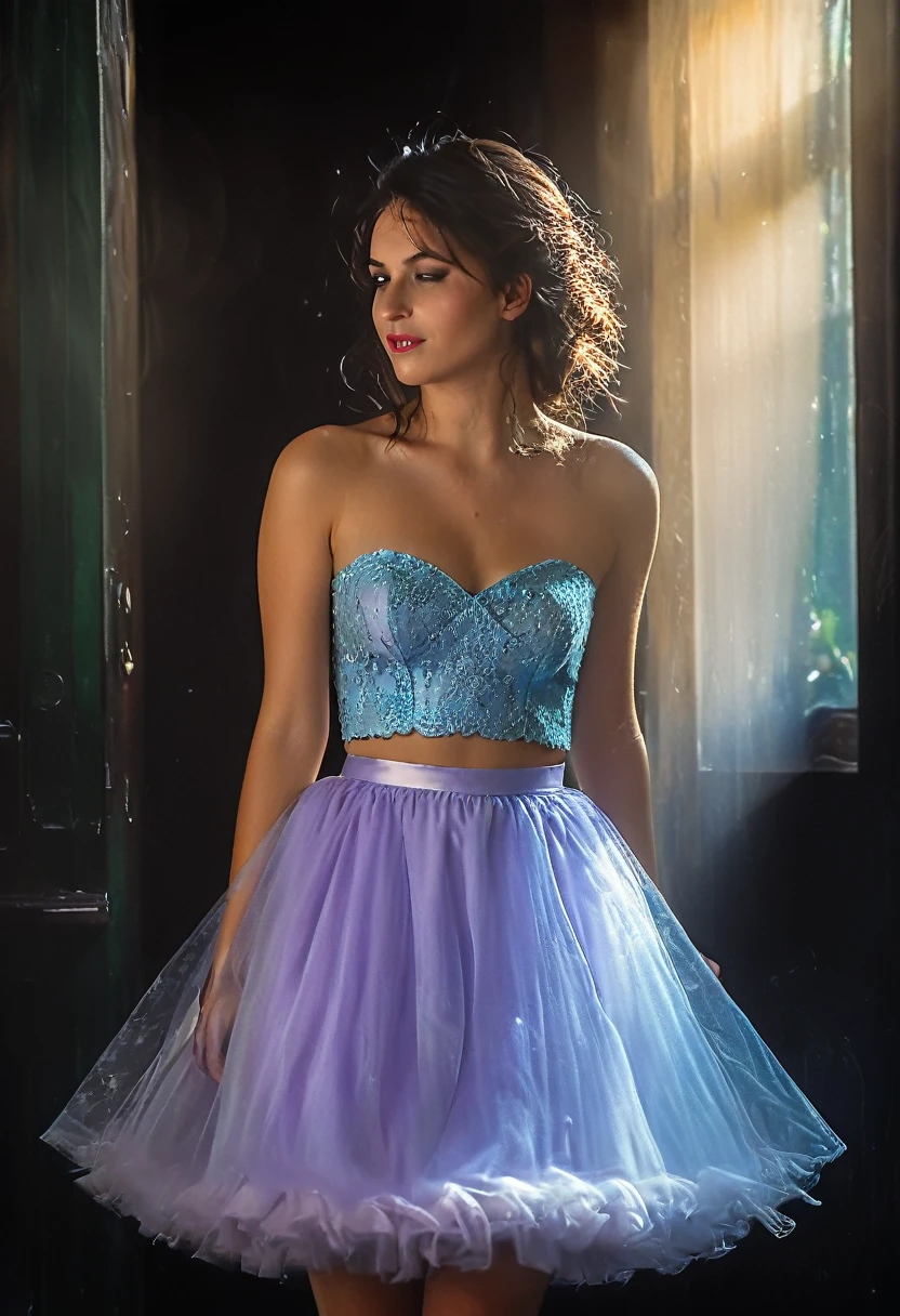 ((((Erotisch)))), (((innocent French woman, 26 Jahre alt))), (Best quality,4k,8k,highres,Meisterwerk:1.2),Ultra-detailliert,((sweet mischievous flirtatious)) Empire-Mikrokleid, European model, nicely printed, bilden, Lippenstift, ((kurze Haare)), BRECHEN, puff, kalt, tulle, petticoat, Realism, backlighting, vignetting, blending, fading border, first-person view, wide shot, bokeh, Eye-Level Shot, f/1.8, 35mm, Canon, UHD, masterpiece, best quality, highres, 8k, ambr1, bright light,