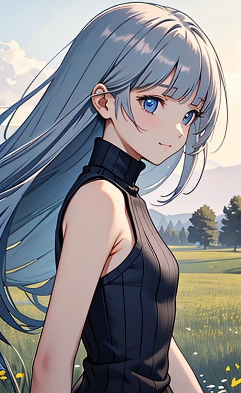 (masterpiece:1.4、top-quality、illustration)、(character focus、,upper body:1.3)、(1girl),(happy:1.3),(Beautiful eyes:1.4),cute face,blue eyes、(tareme:1.3)、(),
(from side,looking afar:1.5),(stand:1.4),、
(blue grey hair),(long hair:1.5)、
,(meadow:1.3),(sleeveless turtleneck sweater:1.5),
(blunt bangs),(sidelocks:1.3), (small breasts)、
、slender、