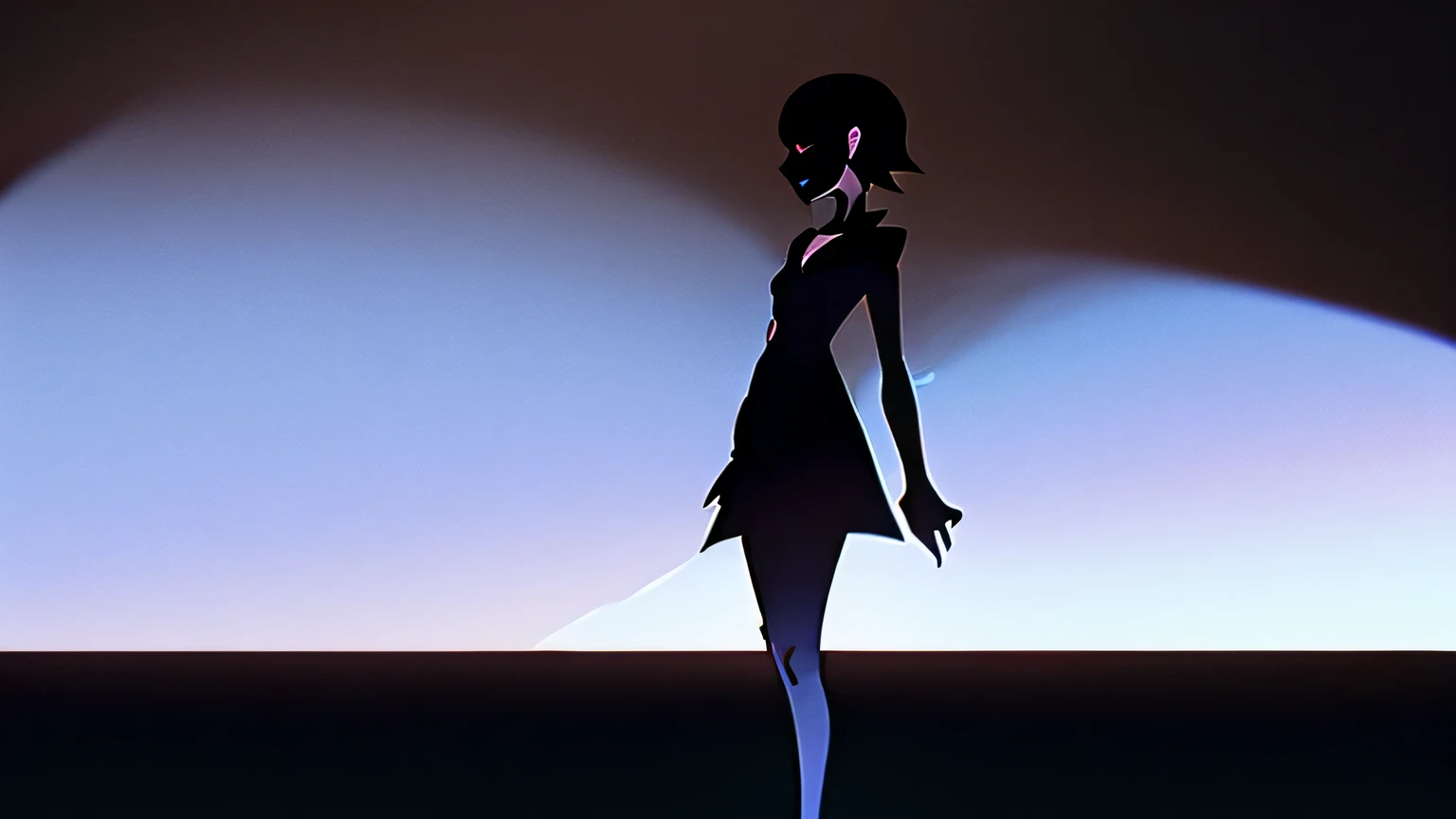 ((alone, Black background, Black and White, dark, Shadow)), girl standing in darkness, black eye, ((White skin, Black Dress, Small breasts, Cleavage, Expressionless)), standing on the right