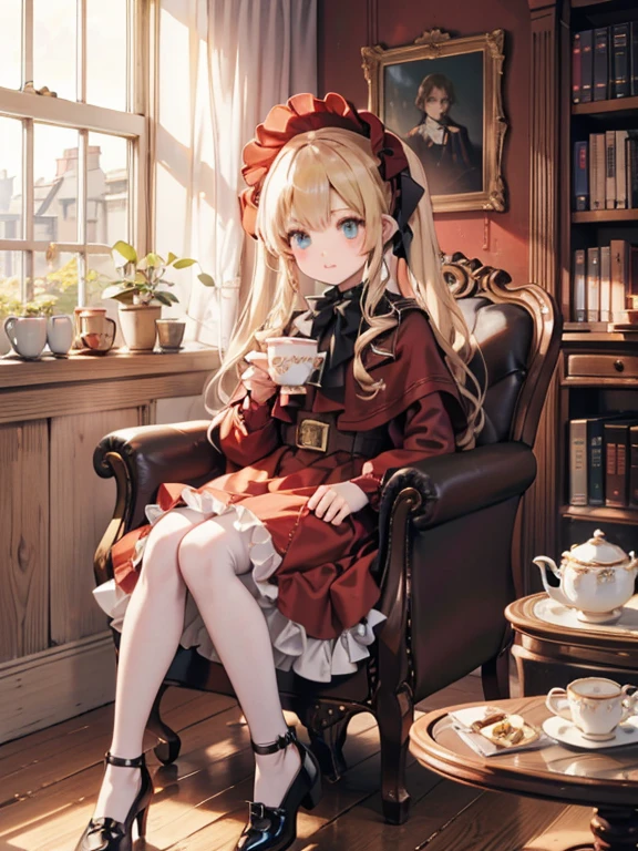 masterpiece, highest quality, Very detailed, 16k, Ultra-high resolution, Cowboy Shot, One 8-year-old girl, Detailed face, Perfect Fingers, Golden Eyes, Blonde,  Original Costume, Twin tails, bonnet、Red dress、White pantyhose cup、Black shoes, Western-style building, libraryai, Sit in a luxurious chair, Drinking tea