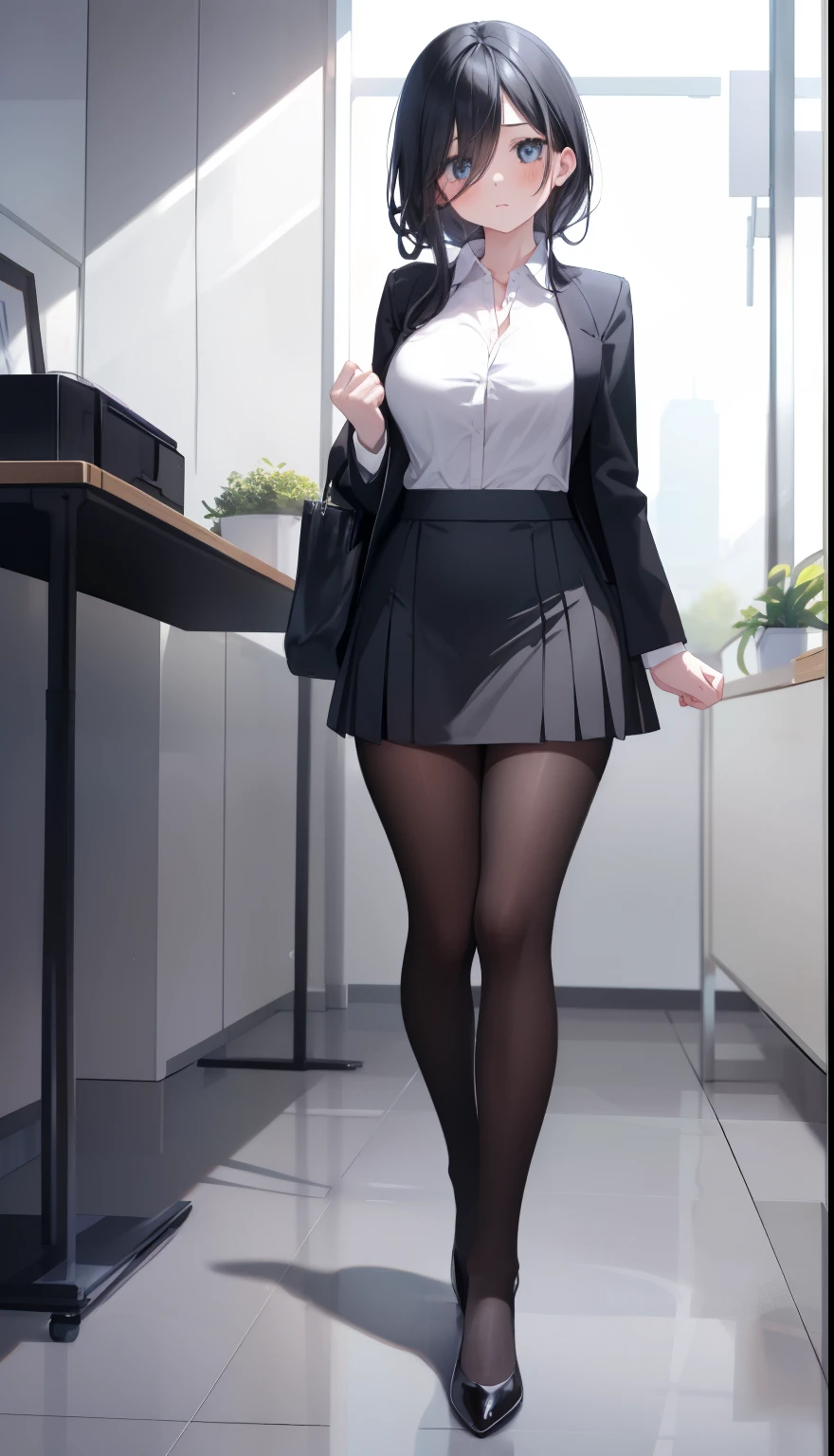 One Girl、positive、Standing posture、Full body portrait、Black Hair、Medium Haircut、blush、Absolute area、Black knee-high socks、Knee-length、stockings、Black Pantyhose、White underwear、Light blue shirt、Blue-gray business suit、Grey tight mini skirt、Japanese office lady、Summer clothes、classroom、Stand on the podium、Daytime、（Very large breasts）、Cleavage、open chest shirt、((Lesbians around the world))、masterpiece、（highest quality）、
Panties around the ankles、Black high heels、Shirt buttons fly off