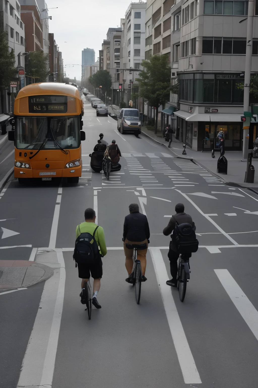 Draw a sketches suitable for urban planning, including a cyclist and a man pushing a walking people. They are positioned safely in the middle of the road, with prominent pedestrian crossing signs and traffic lights on both sides of the road. Behind them, there is a bus stop with a bus waiting.