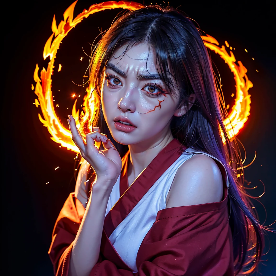 ultra-detailed, Explicit, Beautiful body, Beautiful Nose, Beautiful character design, perfect eyes, perfect face, ultra highres, 4K, beautiful legs, perfect legs, Nice hands, Perfect hand, Masterpiece, Best Quality, Highly detailed, illustration, absurdres, perfect anatomy, (angry face), glowing eyes, looking at viewer, mystic aura, female priestess, full body, goddess-like, mystic trance, perfect female body, (angry stare, japanese clothes, miko, detached sleeves, hakama, hakama skirt, red hakama, ribbon-trimmed sleeves, (serious stare), fire in her eyes (mystic fire in her eyes), horns, extending the right arm from the shoulder into the air with a straightened hand, 1girl, hair ornaments, purple hair, long hair, purple eyes with fire, (((pixel-perfect, detail-perfect))), solo, 1girl, Hanyuu, higurashi when they cry, umineko when they cry, medium sized natural breasts, furious face, extremely angry facial expression, eye with flames surrounding it, fantasy art, eye fire, fire in eyes, fiery eyes, fire through eyes, angel eye, fire in eye, amazing detail digital art, fire eyes, stunning digital art, amazing digital art, detailed fantasy digital art