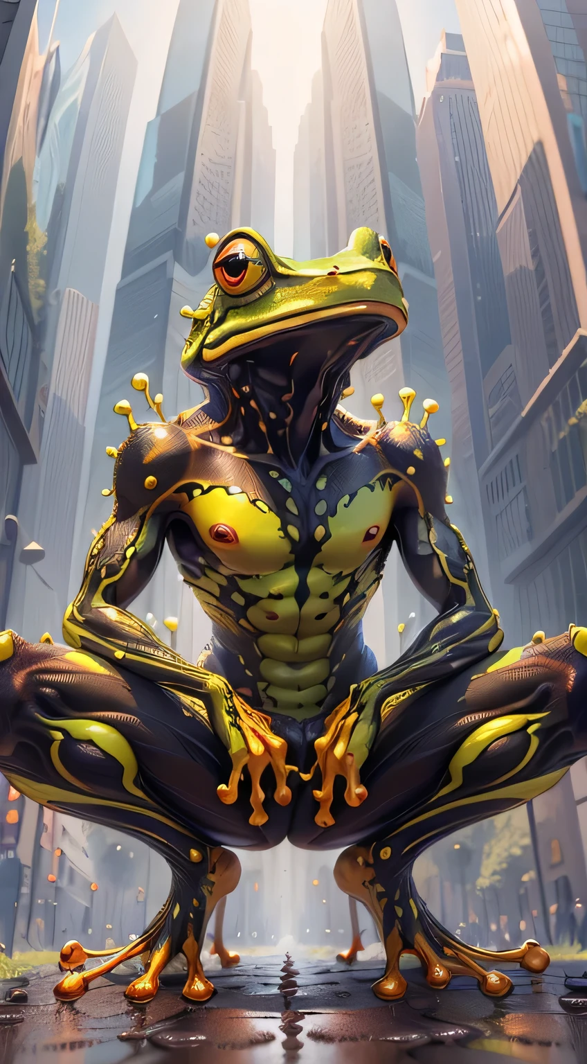 (masterpiece, best quality:1.2), A full body portrait of a man frog creature made out of ferrofluid. red and yellow colors dominate the composition.angle from below,((best quality)), ((masterpiece)), (detailed),frog creaturer sitting on a park. no cloths, leg spread, , bokeh, bright interior light photorealistic, 16k, ultra realistic.