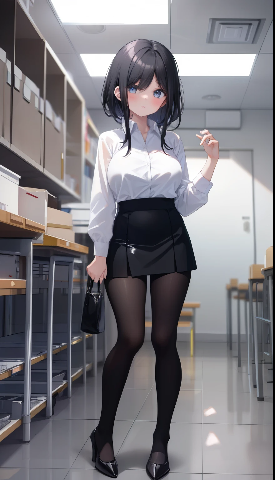 One Girl、positive、Standing posture、Full body portrait、Black Hair、Medium Haircut、blush、Absolute area、Black knee-high socks、Knee-length、stockings、Black Pantyhose、White underwear、Light blue shirt、Blue-gray business suit、Grey tight mini skirt、Japanese office lady、Summer clothes、classroom、Stand on the podium、Daytime、（Very large breasts）、Cleavage、open chest shirt、((Lesbians around the world))、masterpiece、（highest quality）、
Panties around the ankles、Black high heels、Shirt buttons fly off