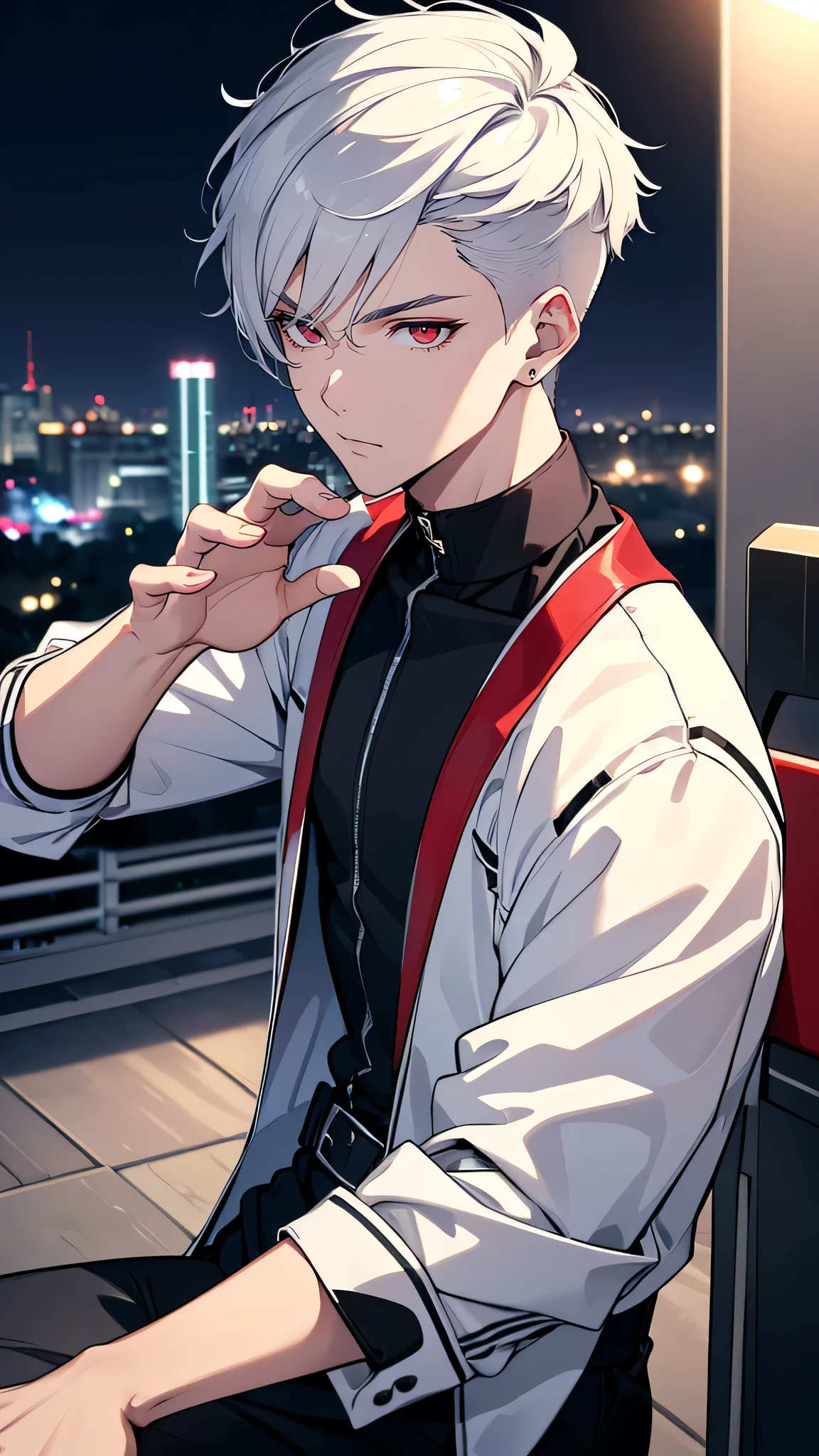(best quality, 4k, highres:1.2, masterpiece:1.2), (one cool boy, attractive and men's modern black outfit, (late night city), sporty body, detailed beautiful red eyes, (low fade hair style white hair above the ears, smaller face, neutral face, korean boy, 18-year old, handsome man), elongated and sharp eyes,), shot alone, shot diagonally from the side, upper body photography, artist photos