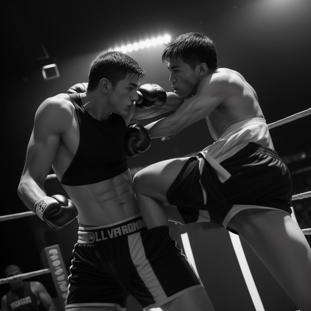 (((Black and white photography:1.5))), ((masterpiece, highest quality, Best image quality, High resolution, Realistic, RAW Photos, 8k)), (Three men, one white boxer, One black boxer, One Referee), (Many other spectators), rest１Final fight scene of the round, They are fighting desperately, Even in black and white, the game is breathtaking., Boxer gloves punching each other with motion blur effect, Sweat flying from the boxers of two men, Heat rising, (Detailed Background Boxing Ring, Boxing Arena, In the dark stadium,A light that illuminates the ring), (Outside the ring, the crowd gets excited about the match., Many spectators, The audience shouting in their own way), ((The characters are depicted small to give a sense of the overall game.))