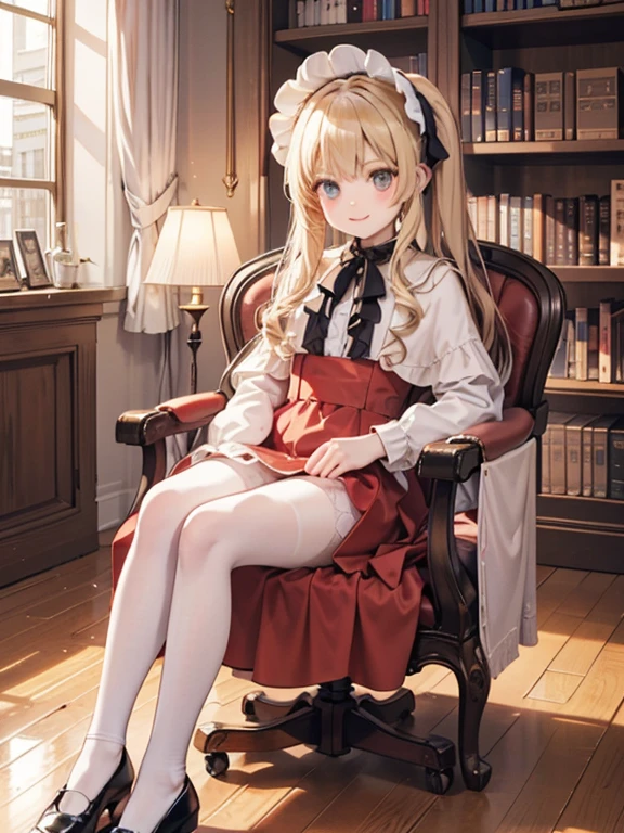 masterpiece, highest quality, Very detailed, 16k, Ultra-high resolution, Cowboy Shot, One 8-year-old girl, Detailed face, smile, Perfect Fingers, Golden Eyes, Blonde,  Original Costume, Twin tails, bonnet、Red dress、White pantyhose cup、Black shoes, Western-style building, libraryai, Sit in a luxurious chair