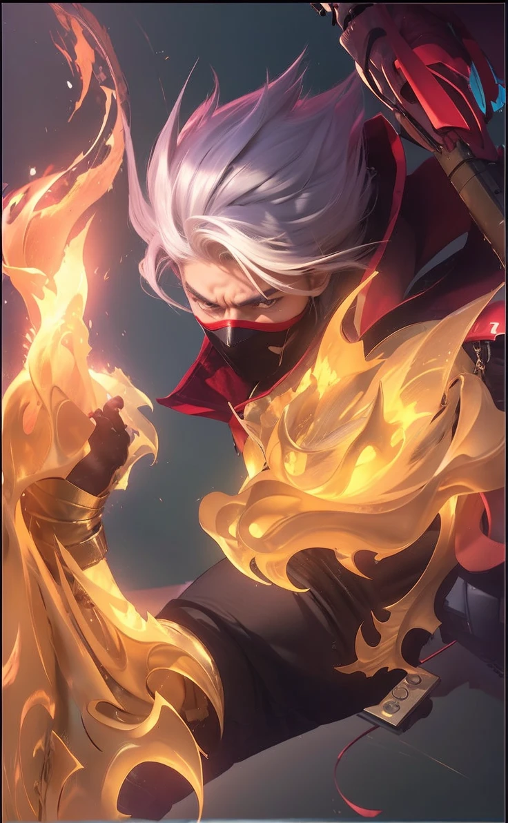 Real life adaption of this character, Korean Handsome face,angry expression, realistic same hair, (realistic same outfit), realistic same background destroyed city, realistic light, realistic shadow, realism, hyper realistic,(photorealistic:1.2)