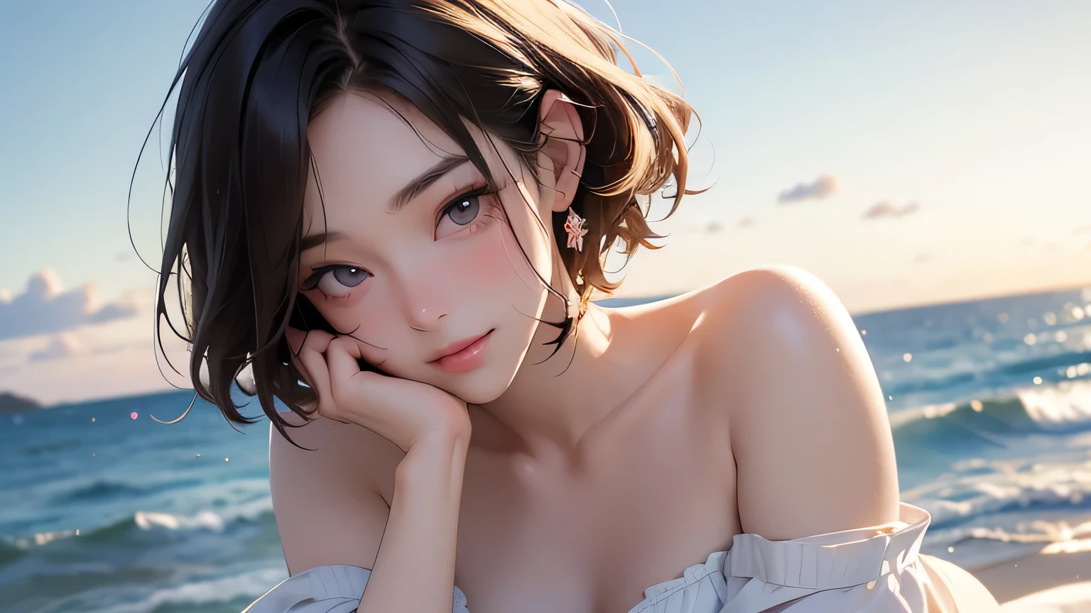 (最high quality、8k、32k、masterpiece、Hmph:1.2)、cute japanese women photos、Very short bob hair、whole body、Surface Focus、White Bikini、Seaside Background、Viewer search x4、(8k、RAW Photos、最high quality、masterpiece:1.2)、(Realistic、Realistic:1.37)、1 girl、cute、Professional Lighting、Photon Mapping、Physically Based Rendering、Gradient brunette hair、Short Curly Hair、good looking、Excellent image quality、High resolution、1080p、(Beautiful Face)、(Detailed facial depiction)、(Detailed Hand Explanation)、(Masseter region)、(Detailed CG)、 Extreme light and shadow、Brown Hair, With bangs, (Layered Short Hair), (big: 1.5), Beautiful Eyes, Beautiful Eyes with Slits, double eyelid, (Cat face), (cute Face), cute Smile, (shut up.), (cute), Soft Skin, whole bodyを見せる, Surreal, Very detailed, high quality, (Beautiful college student with short hair playing in the sea), ((Detailed very cute college girl), ((big胸 It can be seen even through clotheasterpiece、Rich details、(exquisite features)、(Best image quality)、(masterpiece)、(fine grain)、Delicate clavicle、Mr.々A pose、Don&#39;Don&#39;Staring at your boyfriend、profile、Shot on the coast、White Bikini