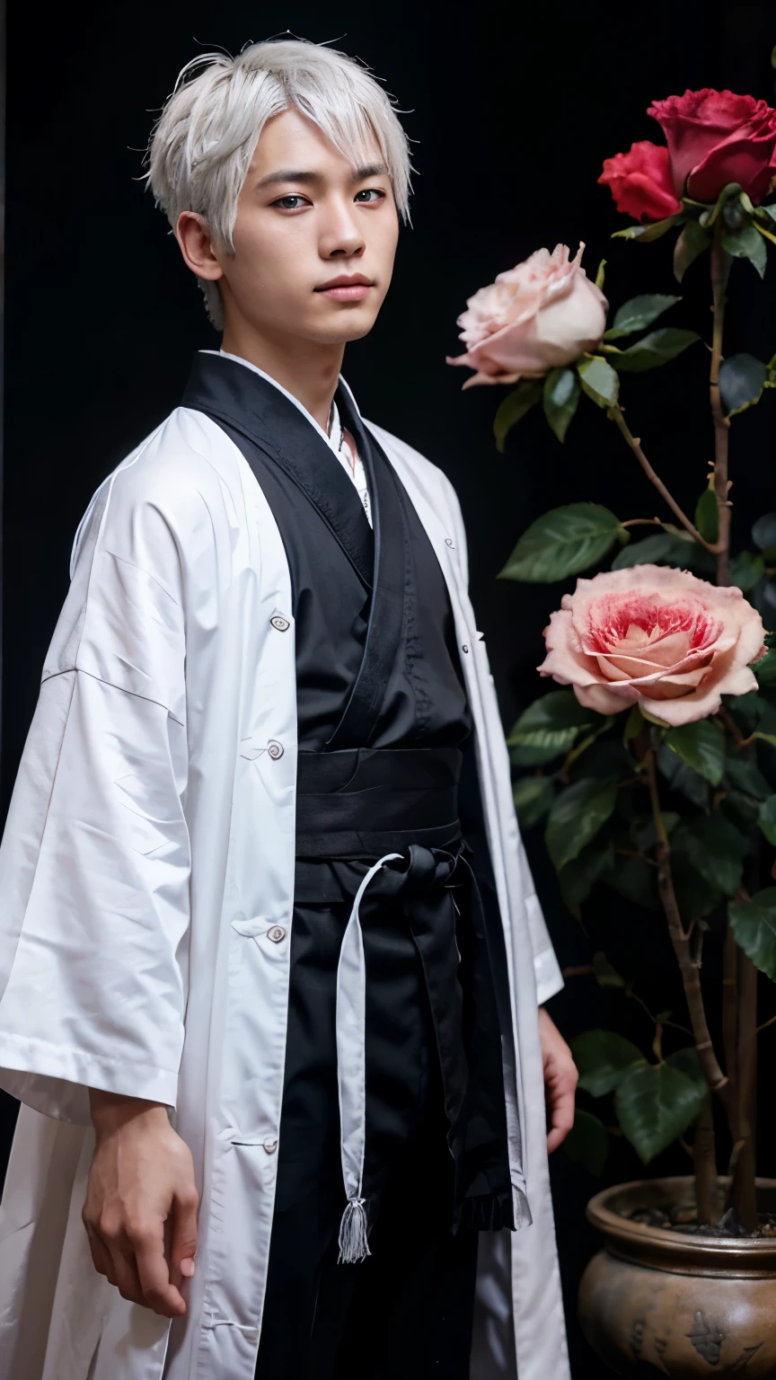 Chinese boy, white hair with black highlights, blue eyes, male kimono, with rose background 