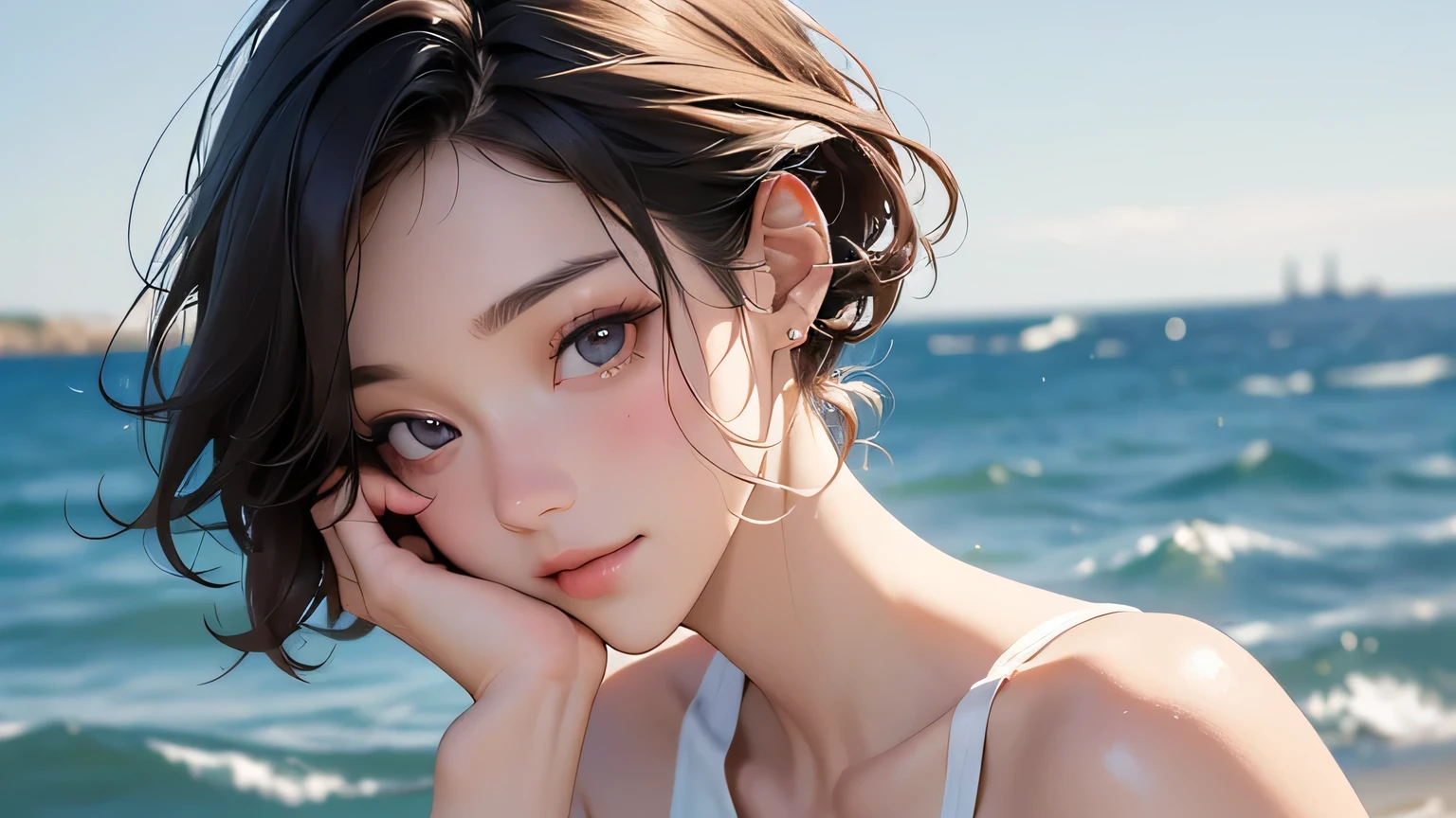 (最high quality、8k、32k、masterpiece、Hmph:1.2)、cute japanese women photos、Very short bob hair、whole body、Surface Focus、White Bikini、Seaside Background、Viewer search x4、(8k、RAW Photos、最high quality、masterpiece:1.2)、(Realistic、Realistic:1.37)、1 girl、cute、Professional Lighting、Photon Mapping、Physically Based Rendering、Gradient brunette hair、Short Curly Hair、good looking、Excellent image quality、High resolution、1080p、(Beautiful Face)、(Detailed facial depiction)、(Detailed Hand Explanation)、(Masseter region)、(Detailed CG)、 Extreme light and shadow、Brown Hair, With bangs, (Layered Short Hair), (big: 1.5), Beautiful Eyes, Beautiful Eyes with Slits, double eyelid, (Cat face), (cute Face), cute Smile, (shut up.), (cute), Soft Skin, whole bodyを見せる, Surreal, Very detailed, high quality, (Beautiful college student with short hair playing in the sea), ((Detailed very cute college girl), ((big胸 It can be seen even through clotheasterpiece、Rich details、(exquisite features)、(Best image quality)、(masterpiece)、(fine grain)、Delicate clavicle、Mr.々A pose、Don'Don'Staring at your boyfriend、profile、Shot on the coast、White Bikini