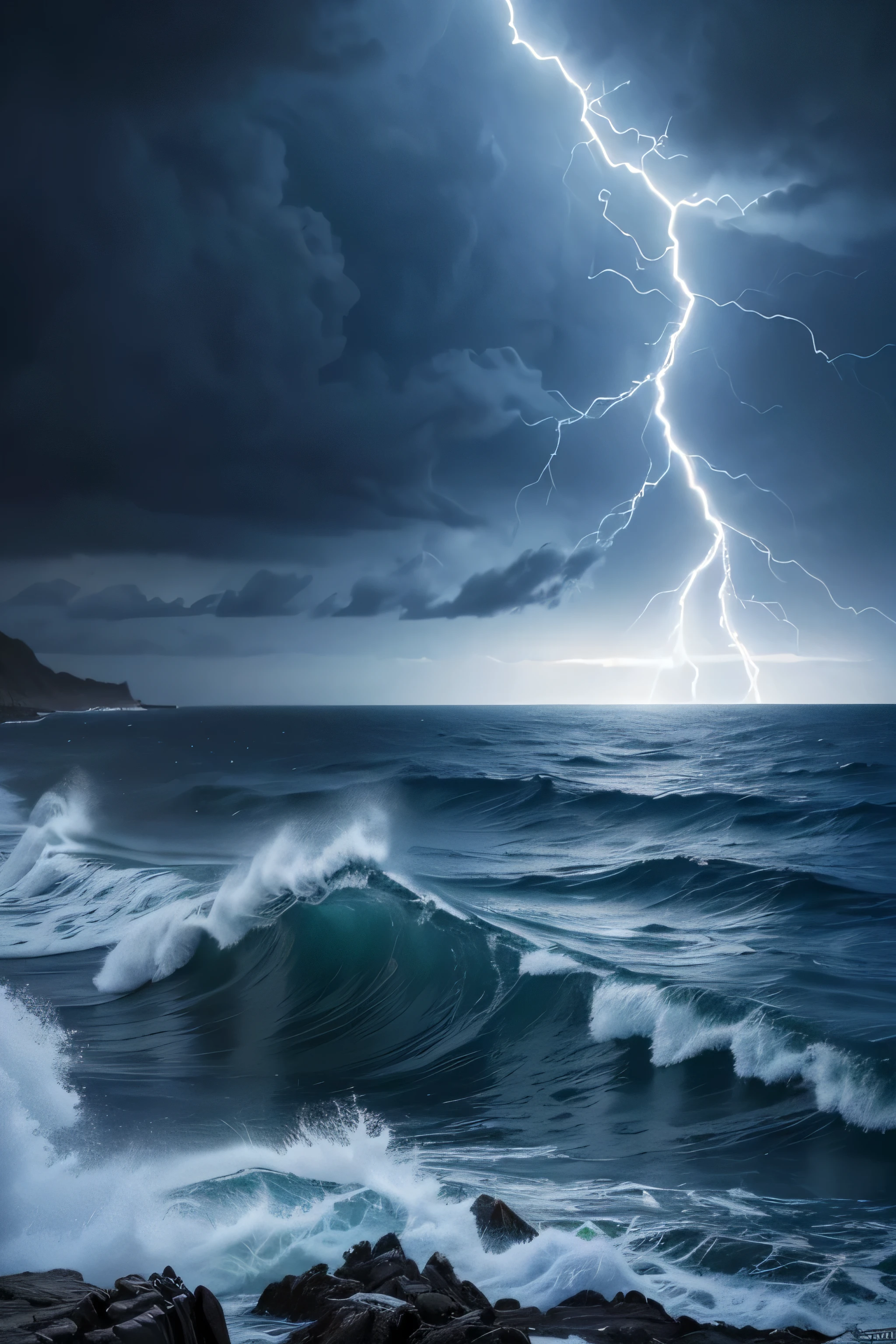 (highest quality,4K,8k,High resolution,masterpiece:1.2),Super detailed,(Realistic,photoRealistic,photo-Realistic:1.37),Dark blue background, Stormy Coast, Many flashes of lightning, Product Showcase, Vibrant colors, Dramatic lighting