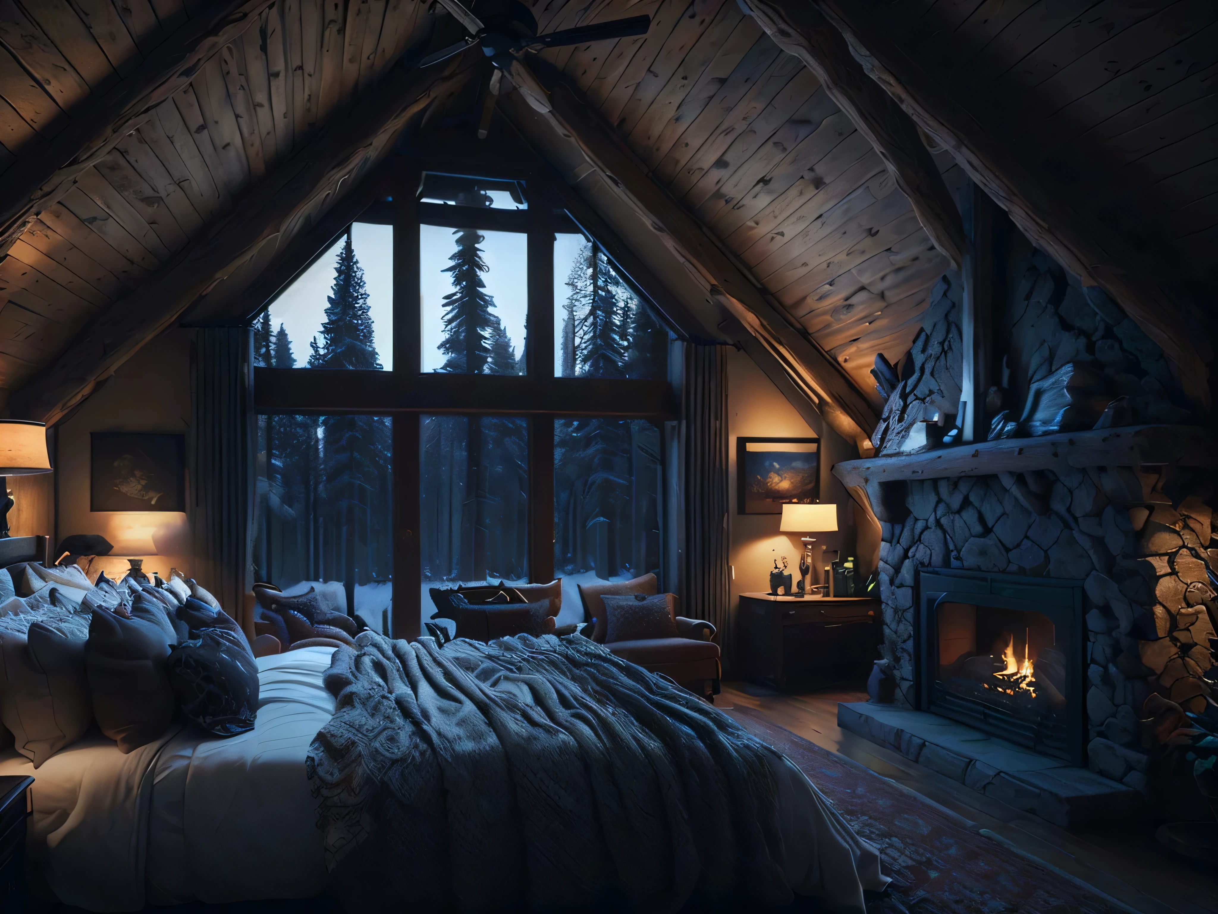 arafed bedroom with a fireplace and a large bed in the middle, cozy place, cozy and calm, cozy room, cozy environment, cozy atmospheric, cozy and peaceful atmosphere, unreal engine realistic render, dark bedroom, rendered in unreal engine 4 k hq, rendered in unreal engine 4k hq, cozy wallpaper, cinematic render unreal engine, heavy winter aesthetics