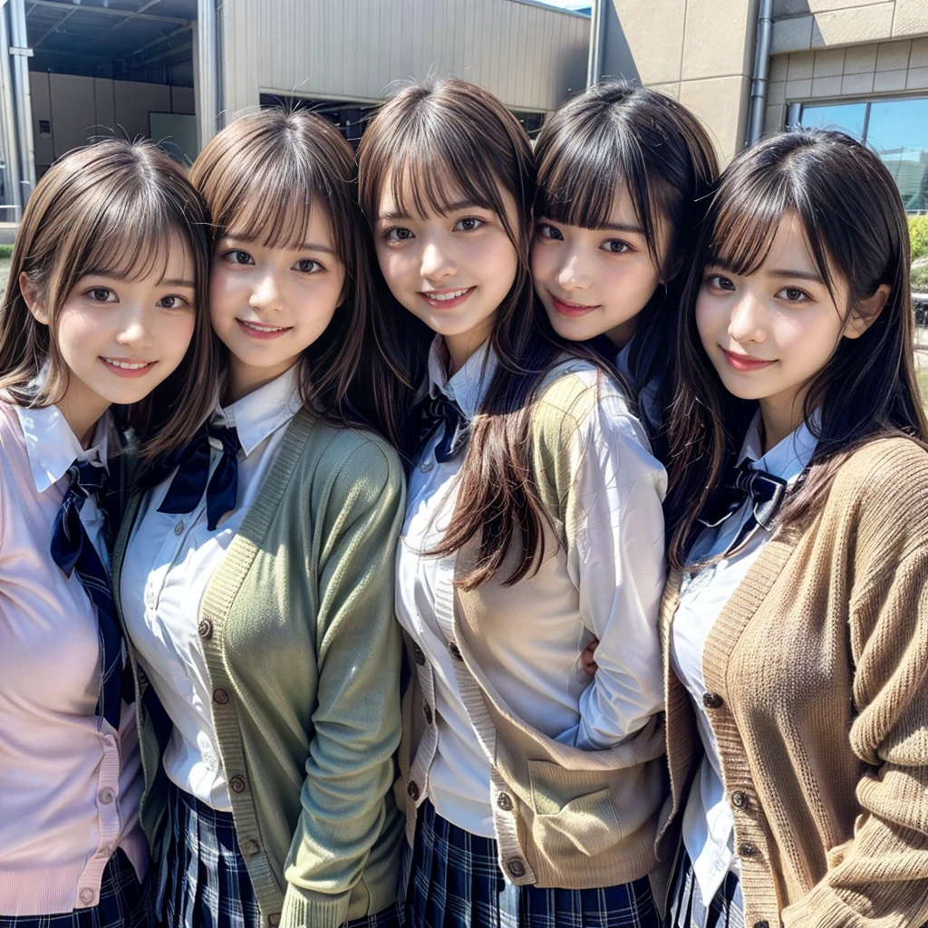 ((top-quality、masutepiece、8K、Top image quality))、Highly saturated、(Group photo of 3 high school girls:1.5)、((School uniform white shirt、Ribbon on the chest、Plaid pleated skirt))、The happiest smile、Biggest smile、Show your teeth and smile、View me、(waved hair)、The background is a school classroom、lipsticks、Perfect makeup、Emphasize body lines、cleavage of the breast、(accurate anatomy:1.3)、(perfect hair:1.2)、(exact cardigan:1.3)