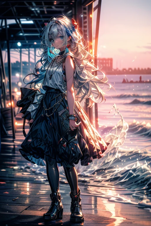 Woman, hair blowing in wind, floating above water, night, eerie