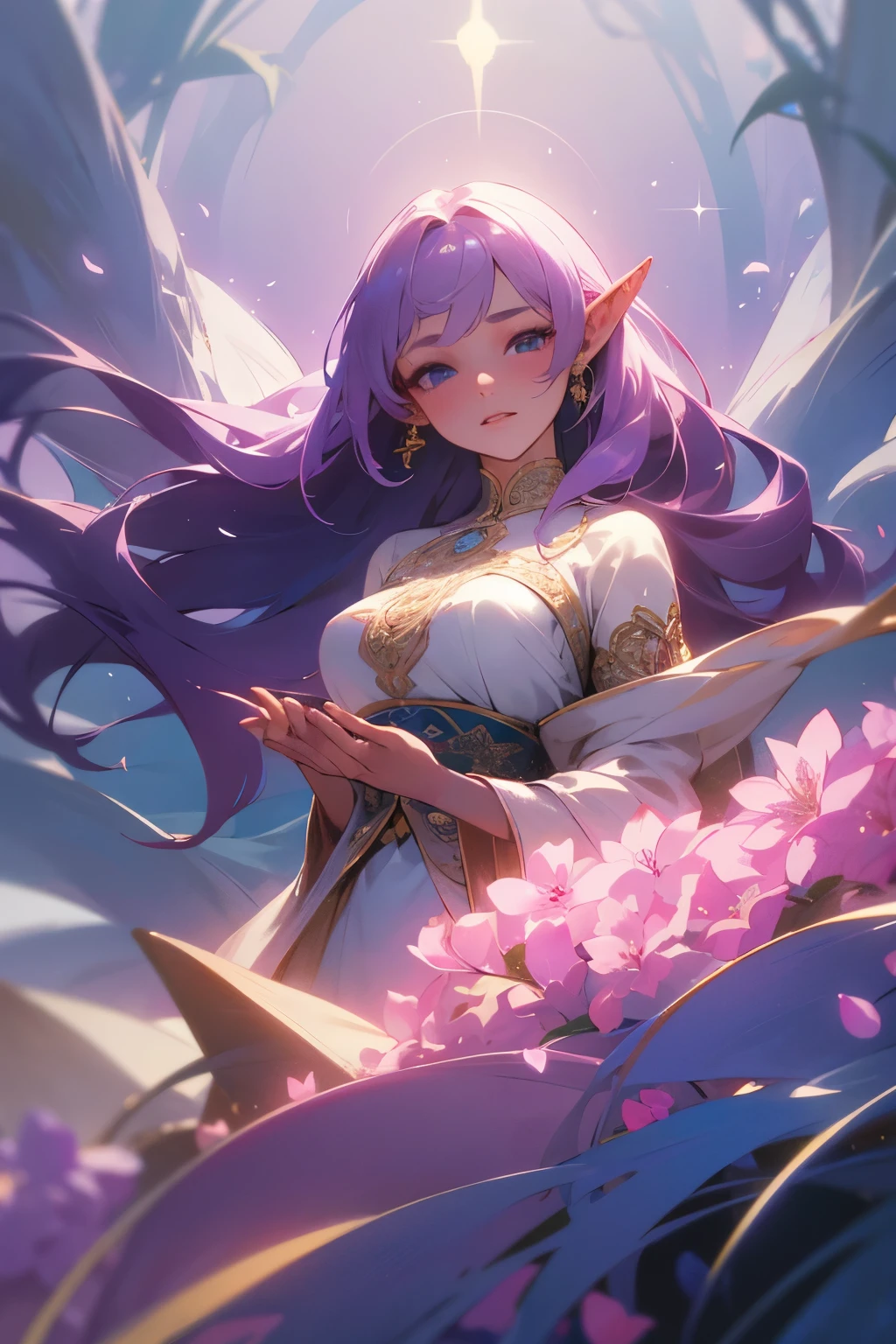 bust, singing, surrounded by flowers and plants, under a moonlit sky, magical atmosphere, soft lighting, ethereal, mystical, dream-like quality, delicate features, captivating expression, confident demeanor, harmonious blending of colors, detailed floral patterns on the costume, flowing fabrics, intricate accessories, enchanting melody, visible sound waves, gentle breeze, serene expression, peaceful ambiance, alluring charm, radiant presence, captivating eyes, elegant posture, magical aura, mesmerizing performance, spellbinding voice, enchanting vocals. (best quality,ultra-detailed,photorealistic), pastel colors, soft shadows, subtle highlights, fine brushstrokes, delicate textures, stunning visual composition, immersive experience, rich and vibrant hues, dynamic lighting effects,women, human half-elf, bard, dark lilac hair, dark lilac eyes, pastel peach pink skin, long hair, gorgeous, big tiddies, arabic costume, have a accesories on her.