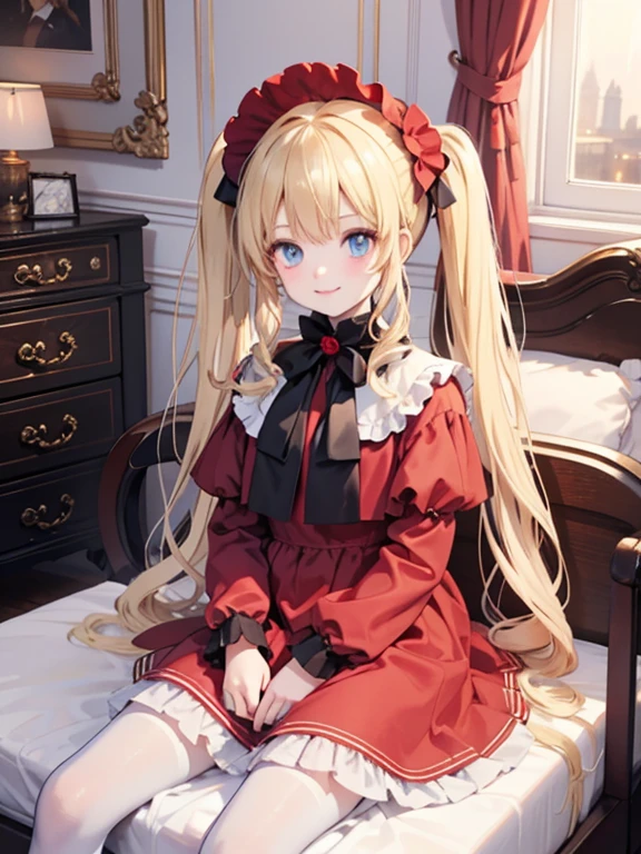 masterpiece, highest quality, Very detailed, 16k, Ultra-high resolution, Cowboy Shot, One 8--old l, Detailed face, smile, Perfect Fingers, Golden Eyes, Blonde,  Original Costume, Twin tails, bonnet、Red dress、White pantyhose cup、Black shoes, Western-style building, classical European style bedroom, Sit on the bed