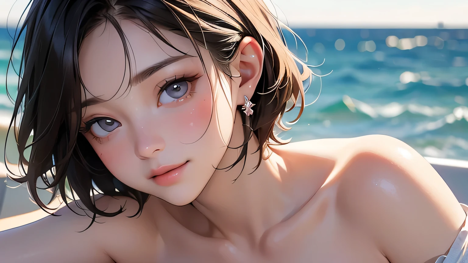 (最high quality、8k、32k、masterpiece、Hmph:1.2)、cute japanese women photos、Very short bob hair、whole body、Surface Focus、White Bikini、Seaside Background、Viewer search x4、(8k、RAW Photos、最high quality、masterpiece:1.2)、(Realistic、Realistic:1.37)、1 girl、cute、Professional Lighting、Photon Mapping、Physically Based Rendering、Gradient brunette hair、Short Curly Hair、good looking、Excellent image quality、High resolution、1080p、(Beautiful Face)、(Detailed facial depiction)、(Detailed Hand Explanation)、(Masseter region)、(Detailed CG)、 Extreme light and shadow、Brown Hair, With bangs, (Layered Short Hair), (big: 1.5), Beautiful Eyes, Beautiful Eyes with Slits, double eyelid, (Cat face), (cute Face), cute Smile, (shut up.), (cute), Soft Skin, whole bodyを見せる, Surreal, Very detailed, high quality, (Beautiful college student with short hair playing in the sea), ((Detailed very cute college girl), ((big胸 It can be seen even through clotheasterpiece、Rich details、(exquisite features)、(Best image quality)、(masterpiece)、(fine grain)、Delicate clavicle、Mr.々A pose、Don'Don'Staring at your boyfriend、profile、Shot on the coast、White Bikini