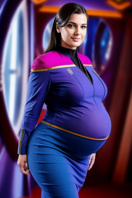 fine art portrait of European female very pregnant StarTrek commander, voluptuous, curvy hourglass figure, highest quality, sexy face high resolution, Eleonora Pavinat, wearing classic StarTrek Uniform, very long skirt, high heels, with huge breasts:1.4, curvy hourglass figure, huge protruding pregnant belly, extremely erotic lady, on bridge of her ship