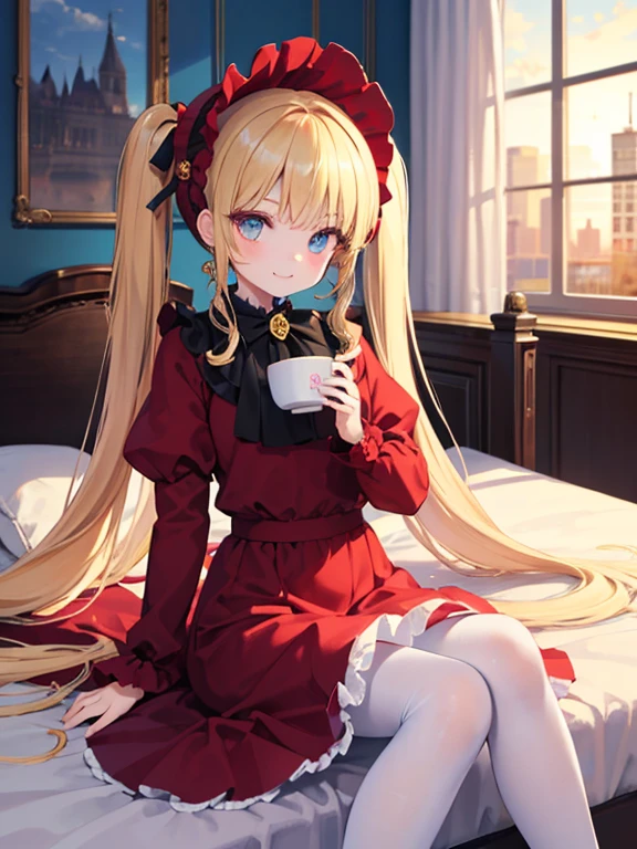 masterpiece, highest quality, Very detailed, 16k, Ultra-high resolution, Cowboy Shot, One 8-year-old girl, Detailed face, smile, Perfect Fingers, Golden Eyes, Blonde, Original Costume, Twin tails, bonnet、Red dress、White pantyhose cup、Black shoes, Western-style building, classical European style bedroom, Sit on the bed