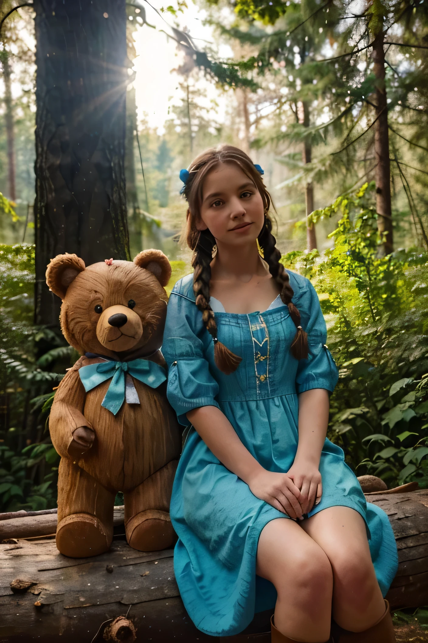 (Masha and the Bear, best quality, 2 characters, Russian folklore, animated series, vivid colors, high contrast, soft lighting, intricate details, watercolor technique, expressed emotions, traditional clothing, cloth textures, wild forest setting, wooden houses, furry animals, hand-drawn artstyle, warm color palette, humorous, heartwarming)
Masha, a lively and curious young girl with rosy cheeks and braids, wearing a red wooden shoes and a blue dress, sits next to her beloved wooden bear friend on the edge of a log in the heart of a lush, vibrant forest. The sunlight filters through the trees, casting a warm glow over their scene