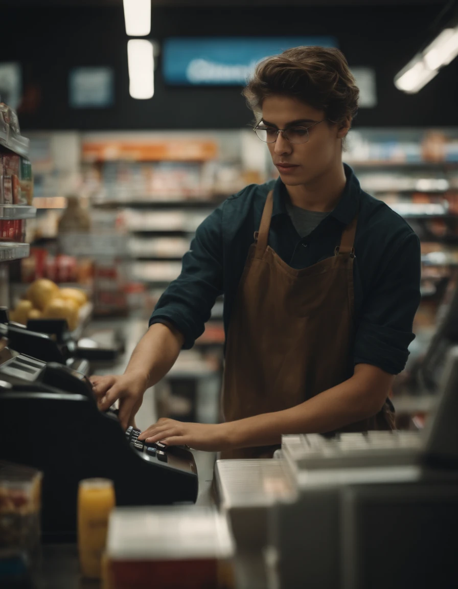 A student working part-time at a convenience store cash register　There are also many customers　More information