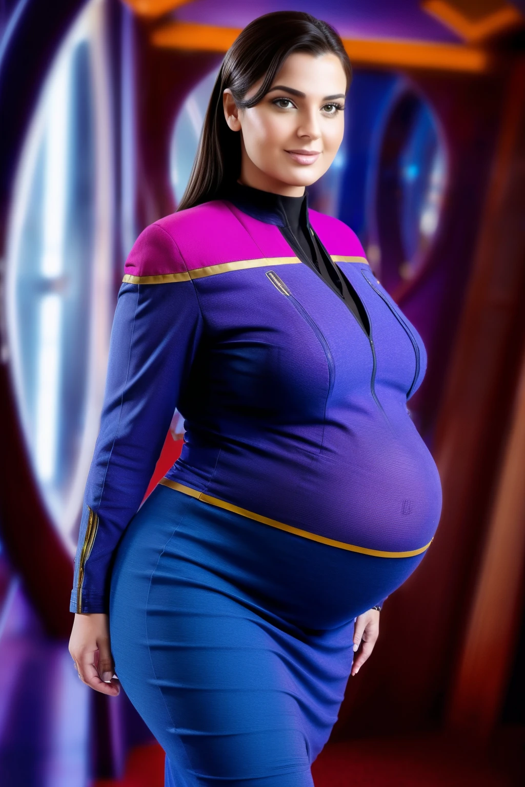 fine art portrait of European female very pregnant StarTrek commander, voluptuous, curvy hourglass figure, highest quality, sexy face high resolution, Eleonora Pavinat, wearing classic StarTrek Uniform, very long skirt, high heels, with huge breasts:1.4, curvy hourglass figure, huge protruding pregnant belly, extremely erotic lady, on bridge of her ship