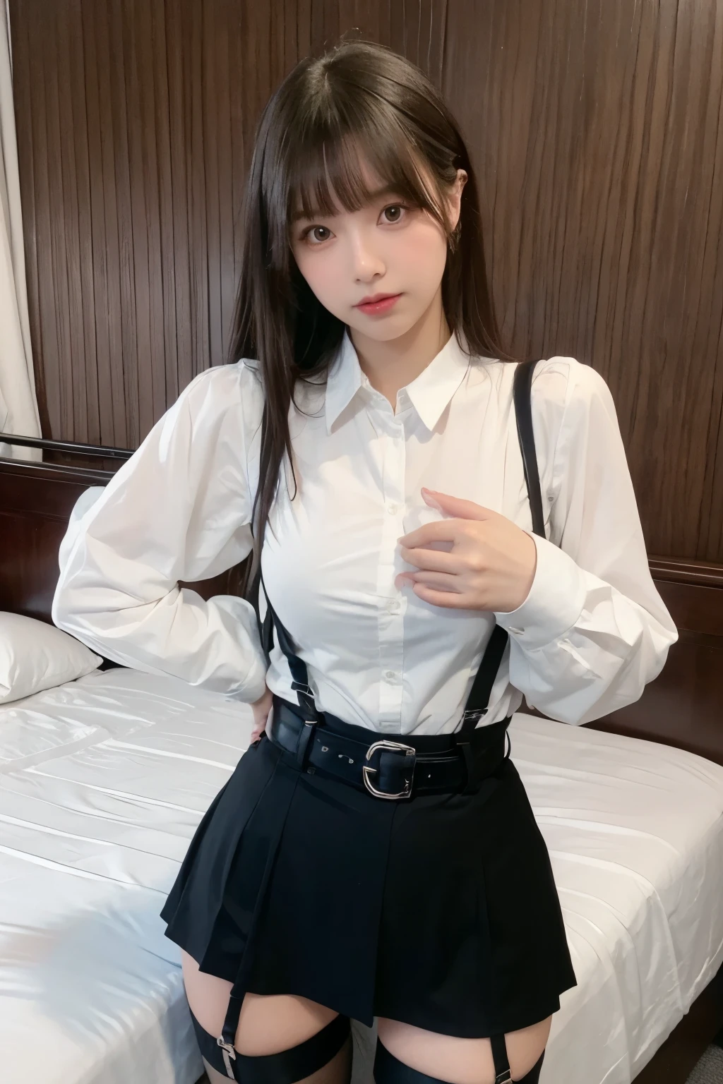 suspenders Large swollen breasts Black mini skirt garter belt Knee-high socks bangs Beauty Hands up Black boots one person Dress shirt Hands Behind Back put your hands behind your back With your hands behind your back Armament holster A room at the Belt Hotel Bed Wall side Armpit sweat Panty shot
