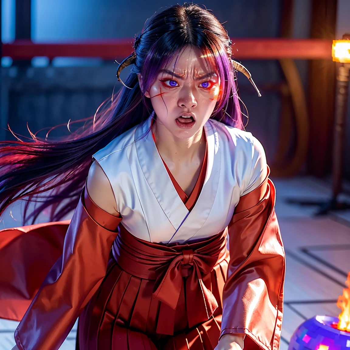 ultra-detailed, Explicit, Beautiful body, Beautiful Nose, Beautiful character design, perfect eyes, perfect face, ultra highres, 4K, beautiful legs, perfect legs, Nice hands, Perfect hand, Masterpiece, Best Quality, Highly detailed, illustration, absurdres, perfect anatomy, (angry face), glowing eyes, looking at viewer, mystic aura, female priestess, full body, goddess-like, mystic trance, perfect female body, (angry stare, japanese clothes, miko, detached sleeves, hakama, hakama skirt, red hakama, ribbon-trimmed sleeves, (serious stare), fire in her eyes (mystic fire in her eyes), horns, extending the right arm from the shoulder into the air with a straightened hand, 1girl, hair ornaments, purple hair, long hair, purple eyes with fire, (((pixel-perfect, detail-perfect))), solo, 1girl, Hanyuu, higurashi when they cry, umineko when they cry, medium sized natural breasts, furious face, extremely angry facial expression