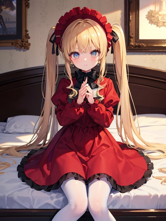 masterpiece, highest quality, Very detailed, 16k, Ultra-high resolution, Cowboy Shot, One ***************, Detailed face, Perfect Fingers, Golden Eyes, Blonde,  Original Costume, Twin tails, bonnet、Red dress、White pantyhose cup、Black shoes, Western-style building, classical European style bedroom, Sit on the bed