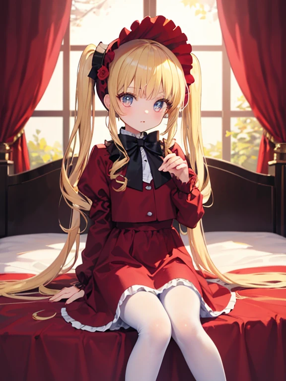 masterpiece, highest quality, Very detailed, 16k, Ultra-high resolution, Cowboy Shot, One 6--old l, Detailed face, Perfect Fingers, Golden Eyes, Blonde,  Original Costume, Twin tails, bonnet、Red dress、White pantyhose cup、Black shoes, Western-style building, classical European style bedroom, Sit on the bed