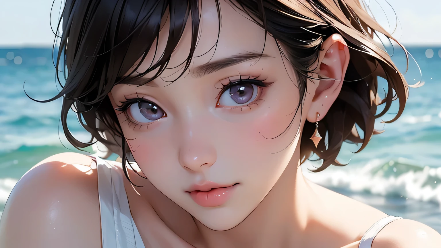 (最high quality、8k、32k、masterpiece、Hmph:1.2)、cute japanese women photos、Very short bob hair、whole body、Surface Focus、White Bikini、Seaside Background、Viewer search x4、(8k、RAW Photos、最high quality、masterpiece:1.2)、(Realistic、Realistic:1.37)、1 girl、cute、Professional Lighting、Photon Mapping、Physically Based Rendering、Gradient brunette hair、Short Curly Hair、good looking、Excellent image quality、High resolution、1080p、(Beautiful Face)、(Detailed facial depiction)、(Detailed Hand Explanation)、(Masseter region)、(Detailed CG)、 Extreme light and shadow、Brown Hair, With bangs, (Layered Short Hair), (big: 1.5), Beautiful Eyes, Beautiful Eyes with Slits, double eyelid, (Cat face), (cute Face), cute Smile, (shut up.), (cute), Soft Skin, whole bodyを見せる, Surreal, Very detailed, high quality, (Beautiful college student with short hair playing in the sea), ((Detailed very cute college girl), ((big胸 It can be seen even through clotheasterpiece、Rich details、(exquisite features)、(Best image quality)、(masterpiece)、(fine grain)、Delicate clavicle、Mr.々A pose、Don'Don'Staring at your boyfriend、profile、Shot on the coast、White Bikini