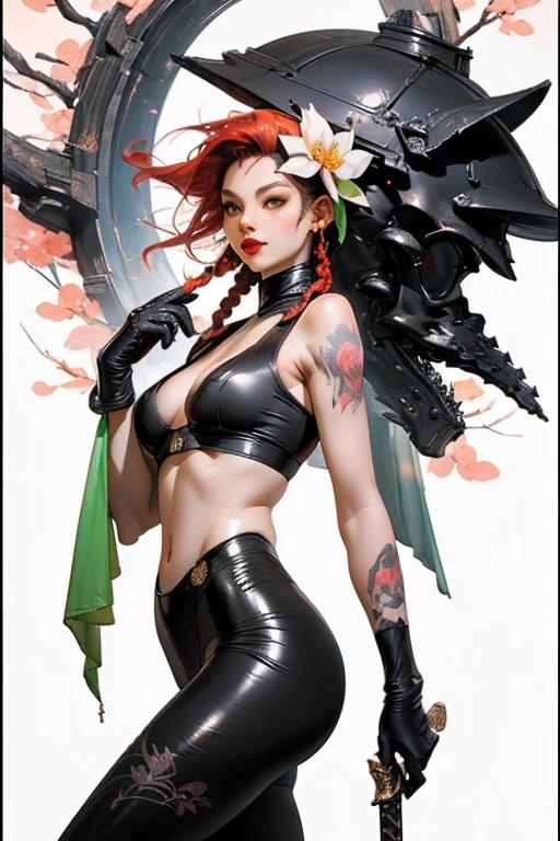 ((Create one girl 16+ Years old.), (Full Length), (1 girl), (sexual), (dyed red hair), (White Cyberskull Armor), ( long black tights with gloves),(Wearing a black outfit, holding a sword, Росс Тран 8K, 3D character rendering 8K, style by Ross Tran, Russell Dongjoon Lu, style by Ross Tran))_((green:1.5, orange:1.1, white: 1.3, yellow: 1.3))_ ((very sexual girl with dreadlocks, tattoos, Bare parts of the body), ((down jacket for naked body, t-shirt, thong))_((beautiful figure, half a turn 16+ Years) ,(realistic)), ((small peach breasts, graceful figure, slim waist, smooth thighs), (long double braids), (tight braids), (Braided hair), (dark hair), (Red lips), (smile ))_((shiny skin:1.5, white skin, bright skin:1.5)), ((sexual), (Cute))_((epic exquisite character art)).((Fractal, lights, leaves, fog, Cherry blossoms, circles background))_((chiaroscuro, contrast, warm cold), (Atmospheric rendering), (Best quality), (Virtual realism))_((digital painting, anime style, cyberpunk), (Best quality, 4K, a high resolution, masterpiece: 1.2))((Ultra-detailed), (realistic, photorealistic , Photorealism: 1.37))_((Soft clear shapes, Broad strokes, Attention to detail))_((High quality, 16K | Ultra HD | Full HD)).