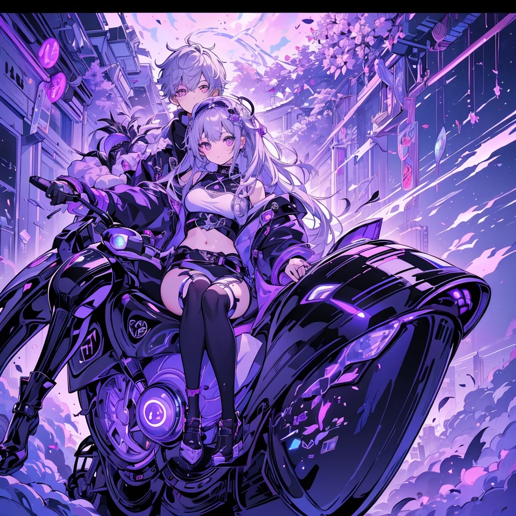 1BOY,1GIRL,Crypticforce、yinji、Super detailedな目、highest quality、Masterpiece、Official Art、16K、The best composition、The best light source、Super detailed、super beautiful、A futuristic couple riding a motorcycle, the girl is sitting behind the boy and hugging him from behind with her arms around his stomach、The bike is futuristic and purple neon、Boys have gray hair、The picture frame is a fractal art of wisteria trellis and the purple LED joint lighting creates a fantastic effect、aya、Wisteria blossoms falling like snow、Purple eyes、Twin tail braids、c0upl3、