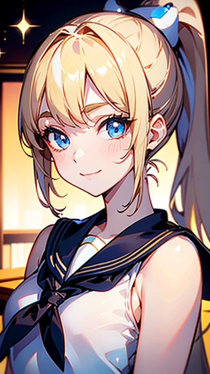 Best quality , masterpiece, Portrait、、Bright expression、ponytail、Young, shiny, white, glossy skin、Gloss Face、Shining Cheek Gloss、Small Face Beauty、The best beauty、The dazzling light of blonde hair、Bright blonde hair with dazzling highlights、Very beautiful shiny light blonde hair、super long silky straight hair、Her shiny, beautiful bangs are covering her eyes.、Sparkling, clear, attractive, bright, large, pale blue eyes、Very big eyes、eyeliner、very beautiful lovely cute girl、young girl, Ample Bust, upper body , (smile:1.2) , ((((sailor suit , ponytail )))),in school, cat ear